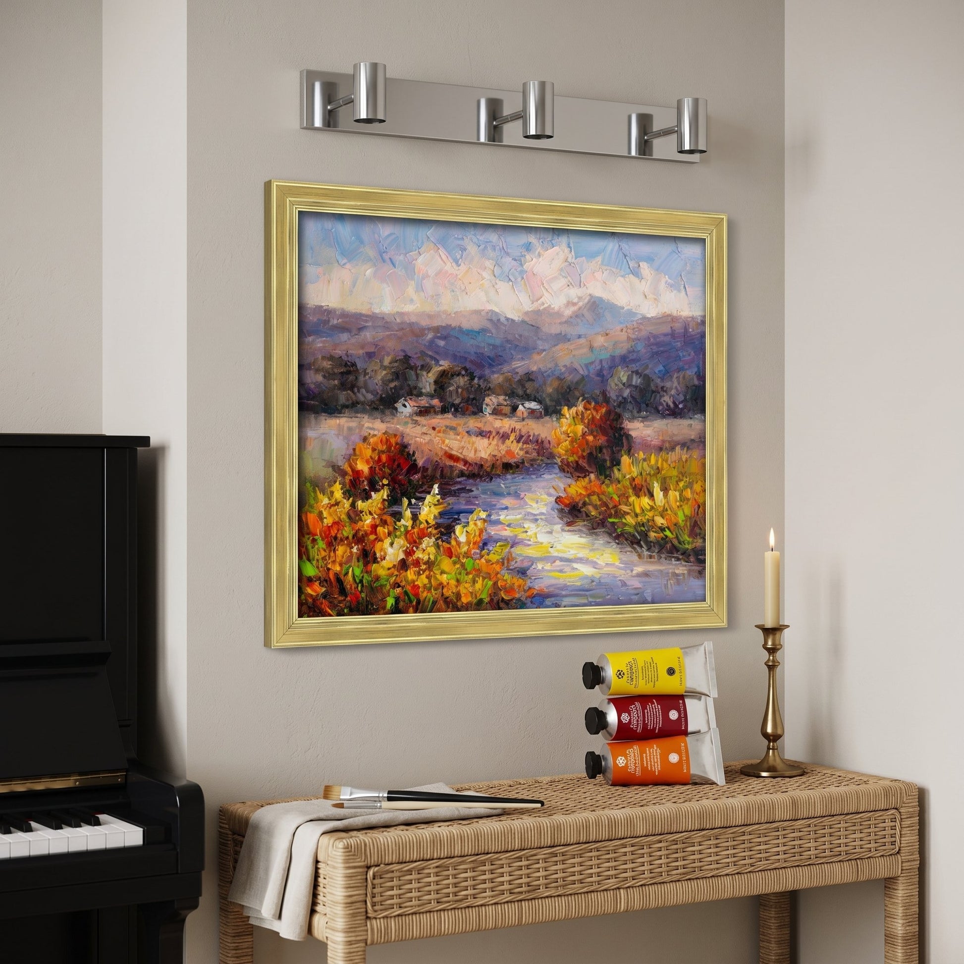 Contemporary rustic living room — Impressionist landscape painting elevates space with warm colors and serene nature theme