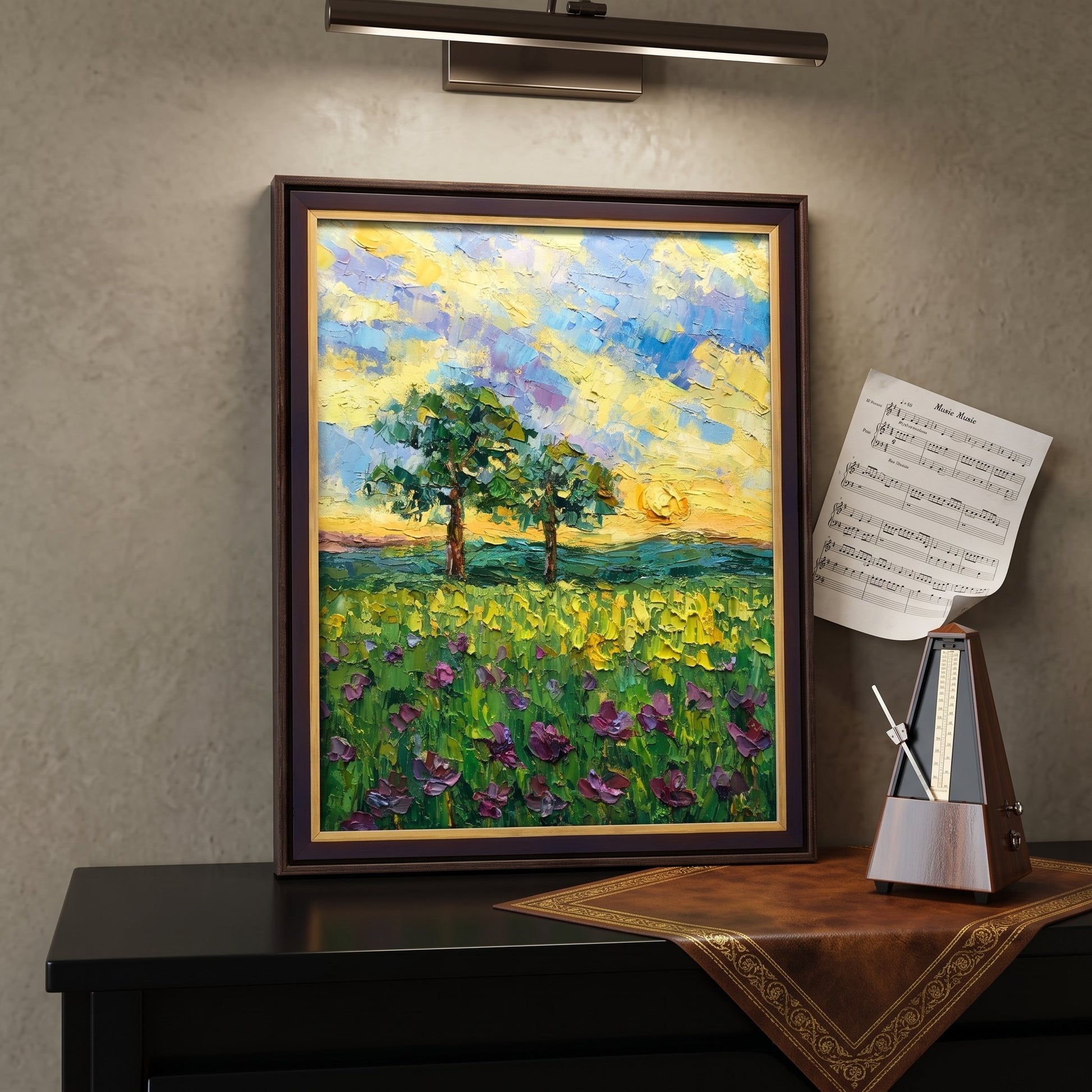 Music study, classic decor — vibrant Impressionist landscape adds warmth and artistic energy to the space
