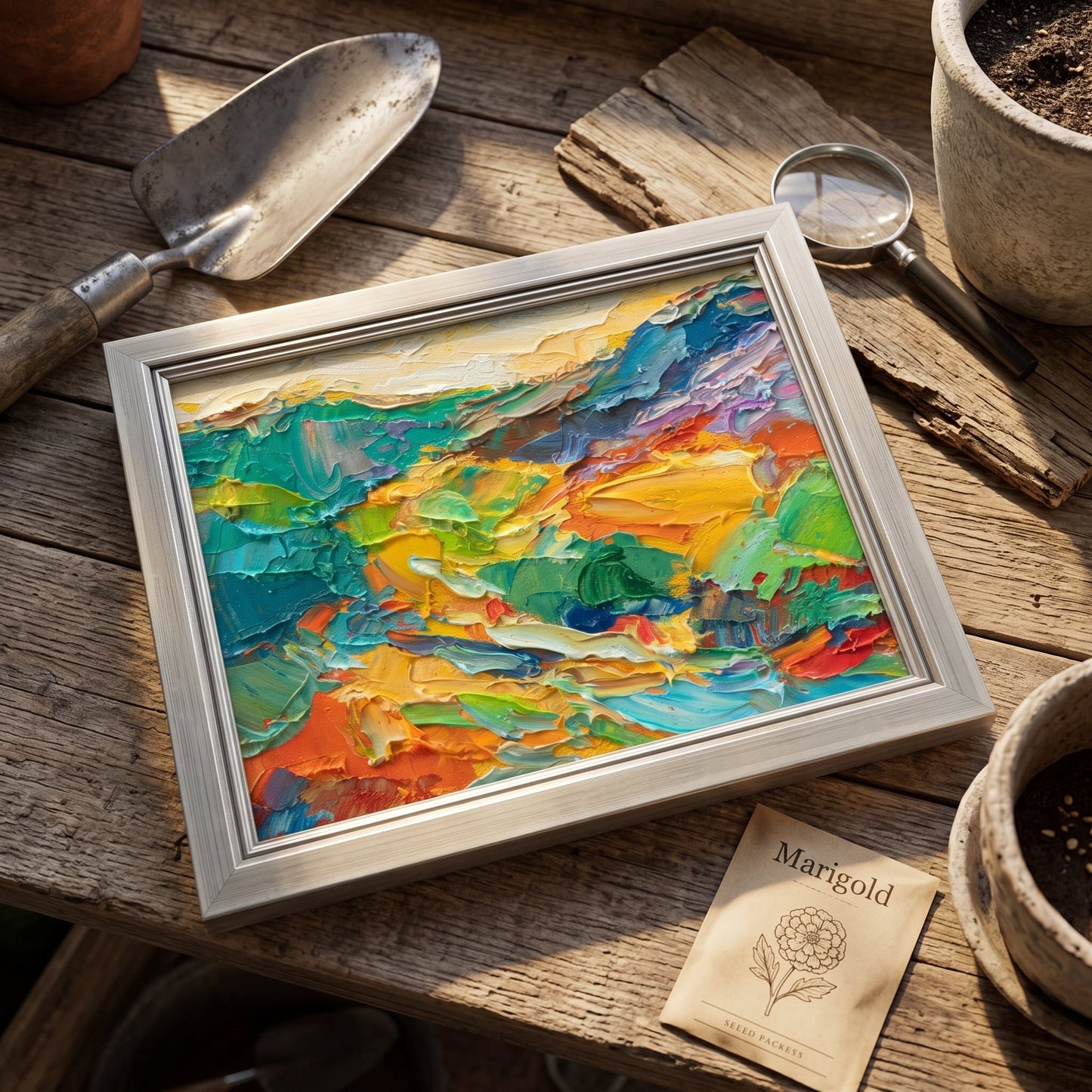 Garden shed, rustic eclectic — vibrant expressionist landscape painting transforms workspace with bold color and texture