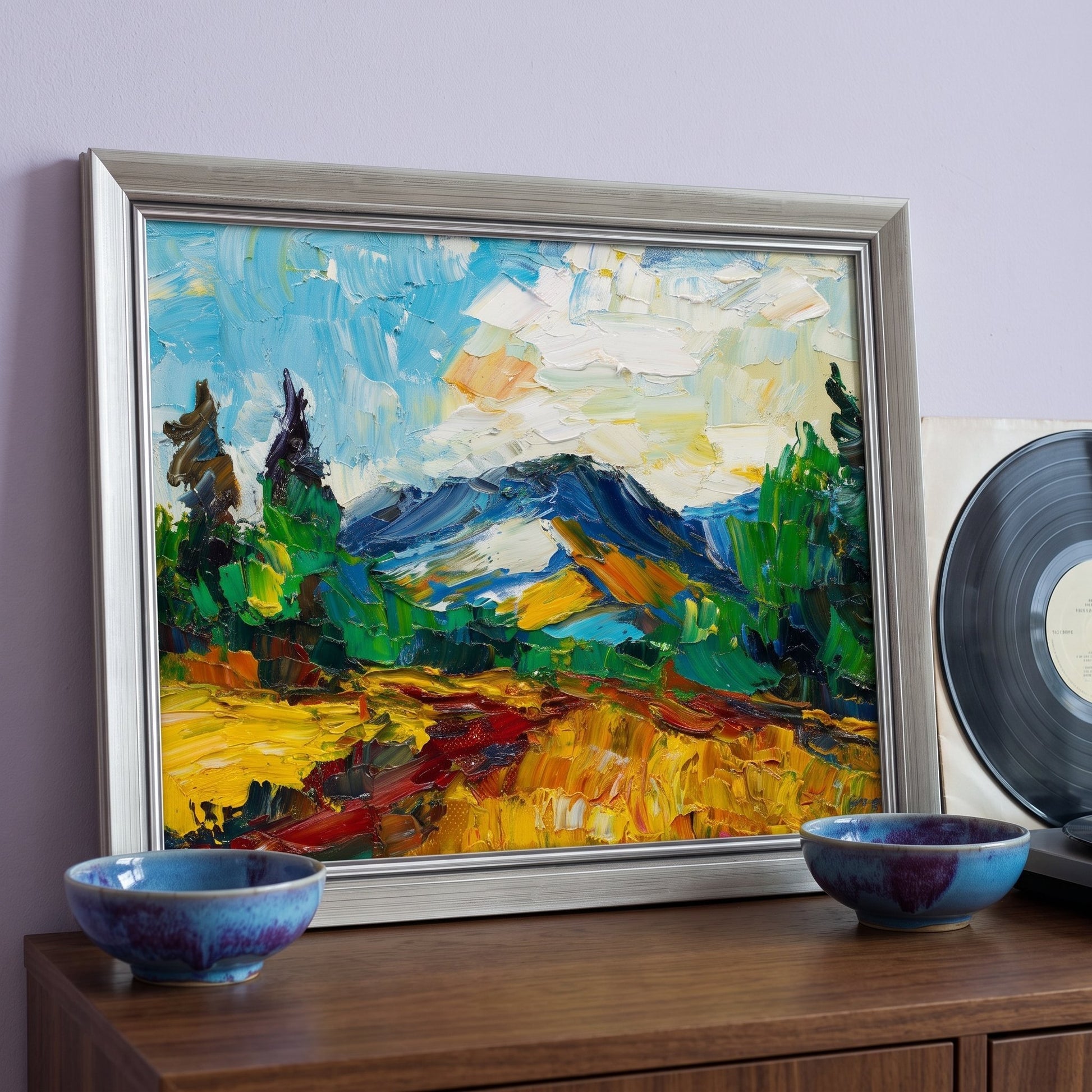 Mid-century modern living room — vibrant expressionist landscape painting transforms the space with bold colors and textured brushwork