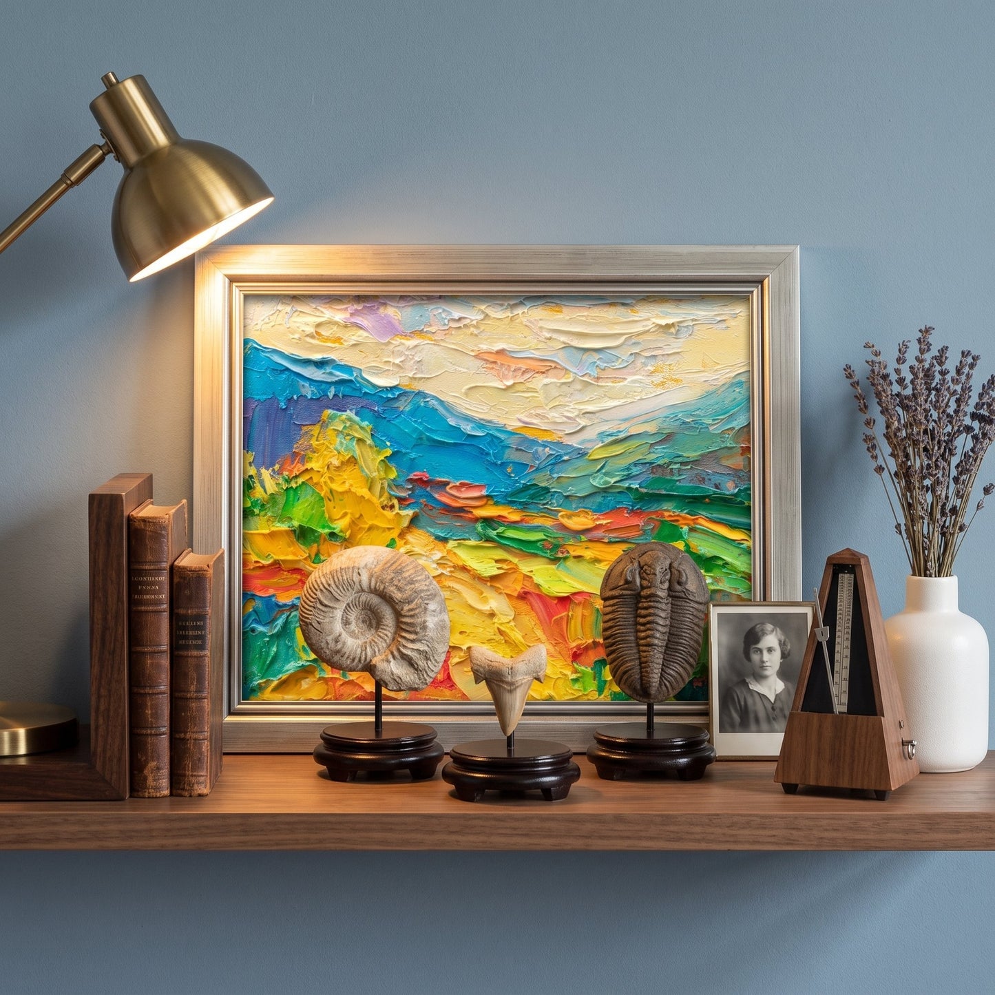 Study, MidCenturyModern — Vibrant Impressionist landscape transforms the space with bold colors and textured brushwork under warm lamplight