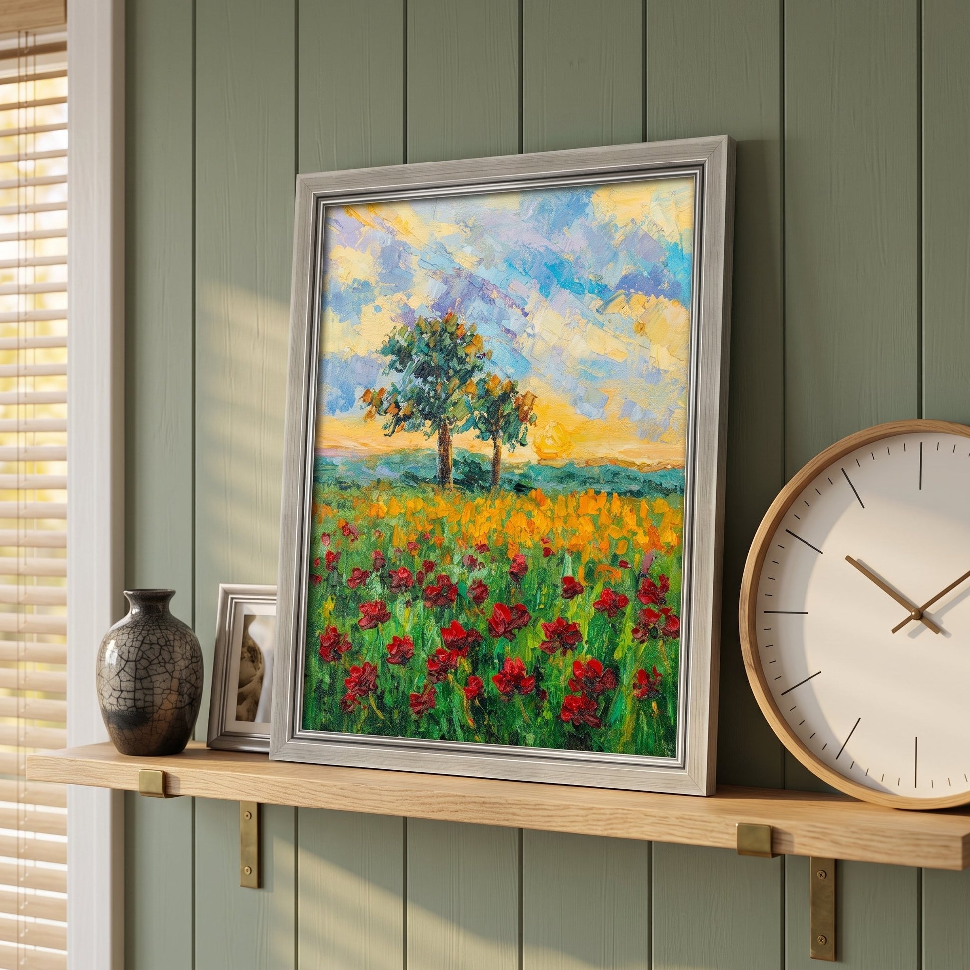 Rustic Farmhouse Entryway — Vibrant Impressionist Landscape Art Transforms Space with Color and Texture
