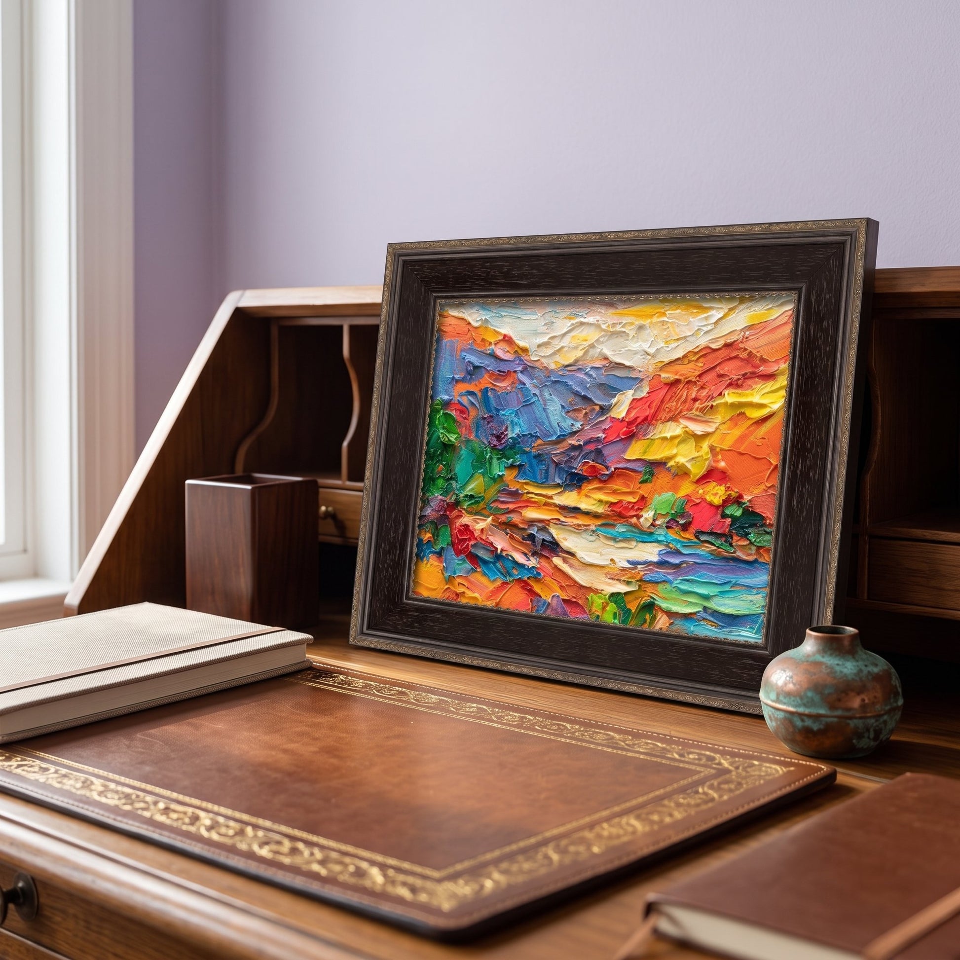 Traditional study — vibrant abstract landscape painting adds color and energy to classic wooden furnishings