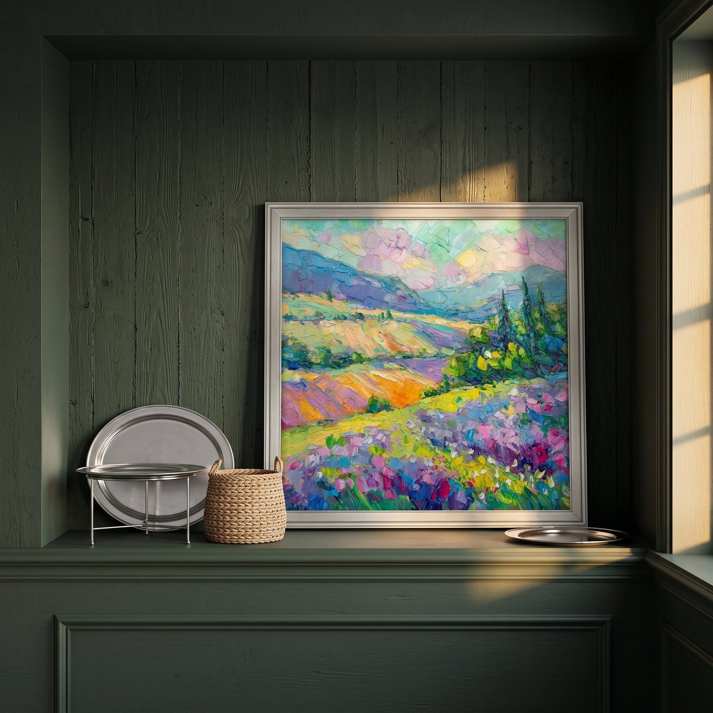 Modern rustic entryway — vibrant Impressionist landscape adds color and warmth to dark wood interior