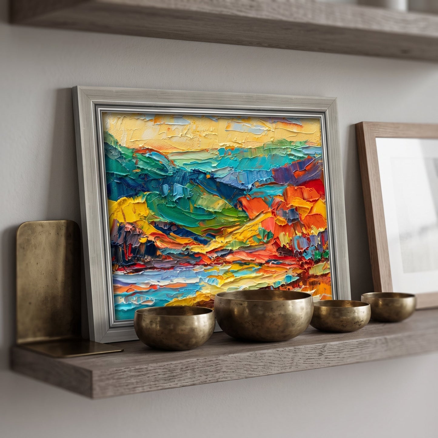 Meditation space, minimalist — vibrant expressionist landscape transforms tranquil corner into a sensory focal point