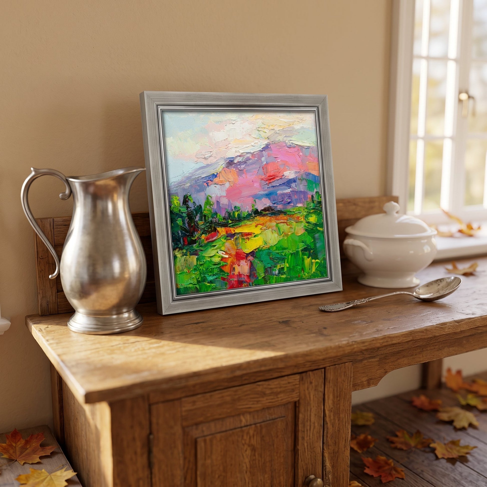 Rustic Farmhouse Entryway — Vibrant Impressionist landscape painting adds color and warmth to a wooden console with natural light