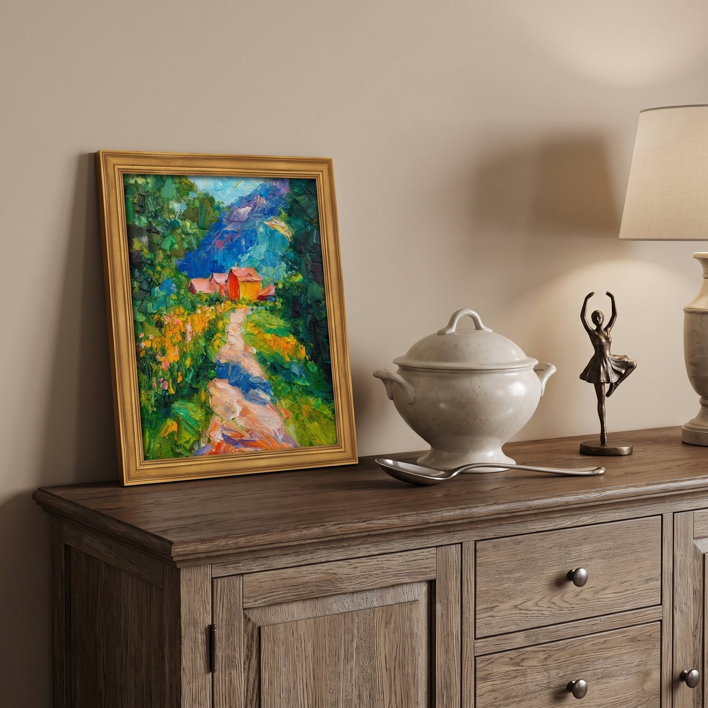 Rustic Farmhouse Entryway — Vibrant Post-Impressionist landscape elevates warm wood tones with bold color and texture