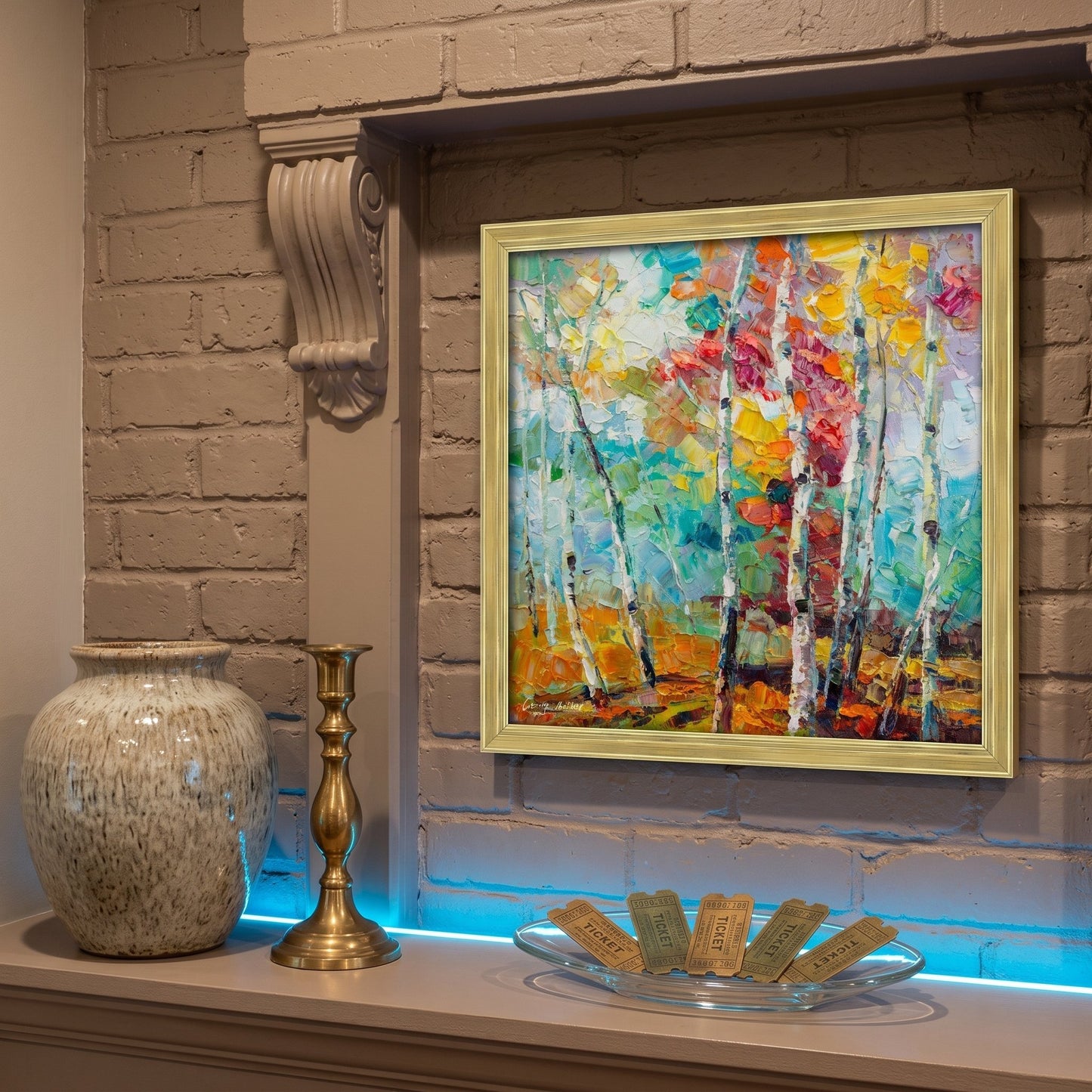 Contemporary living room — vibrant abstract landscape painting transforms rustic brick wall into a dynamic focal point