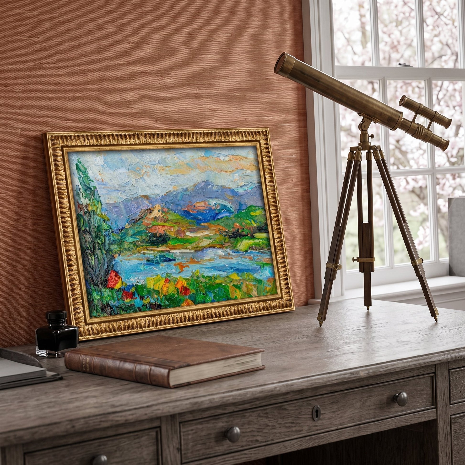 Rustic Farmhouse Study — Original Impressionist landscape painting adds vibrant color and artistic depth to a warm, natural setting