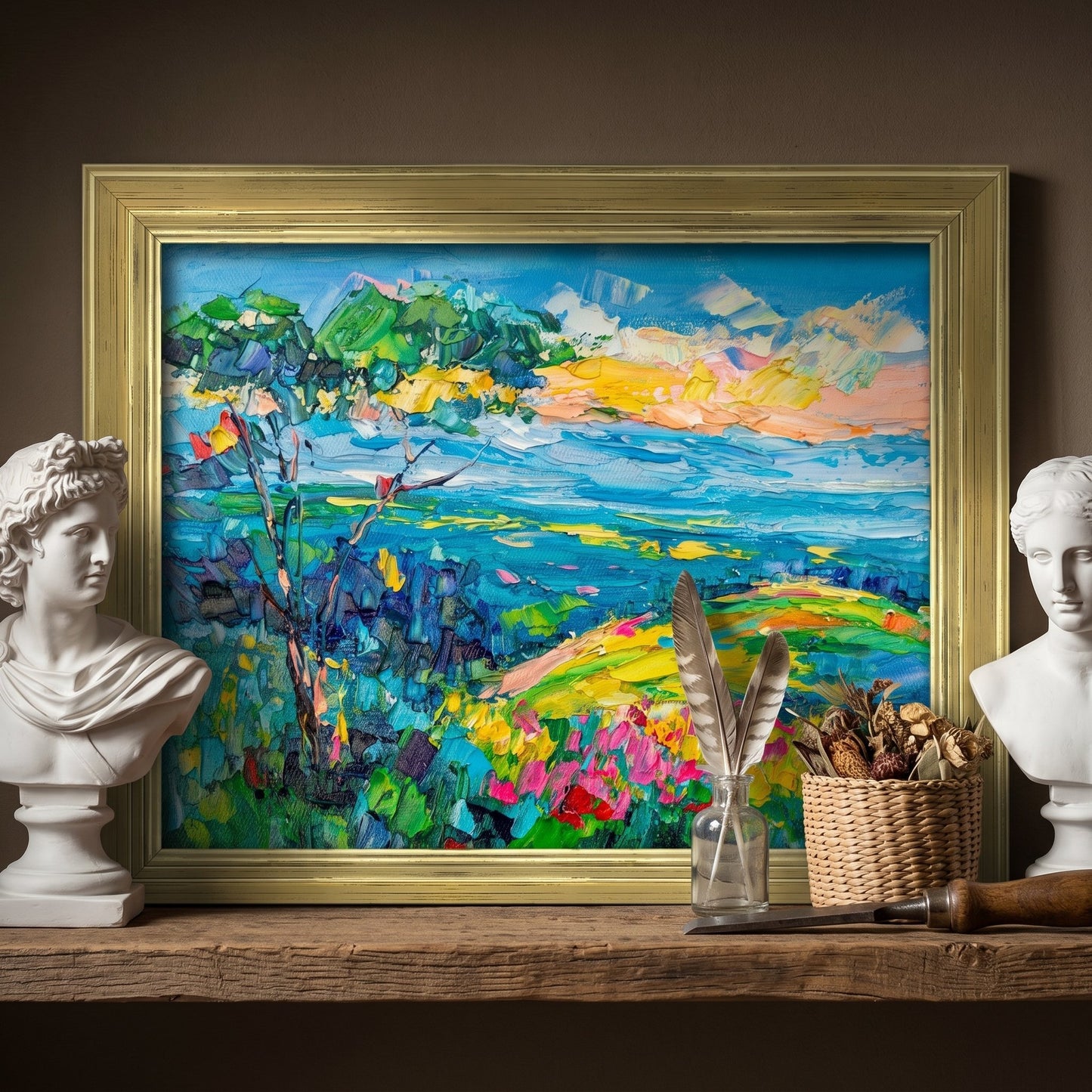 Rustic Farmhouse Entryway — Vibrant Impressionist Landscape Art Transforms Space with Color and Texture