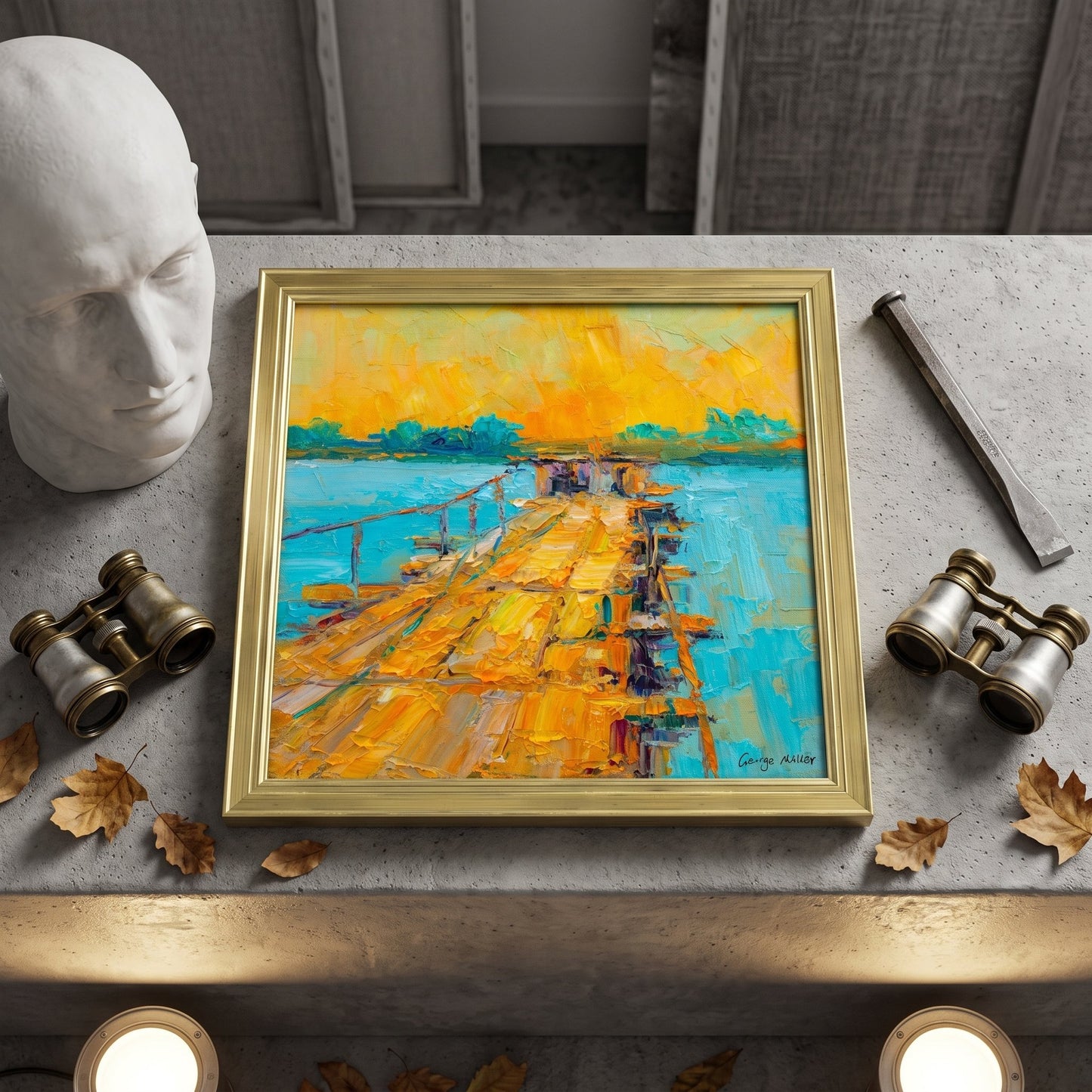 Contemporary study — Impressionist landscape painting adds warmth and depth to minimalist industrial decor