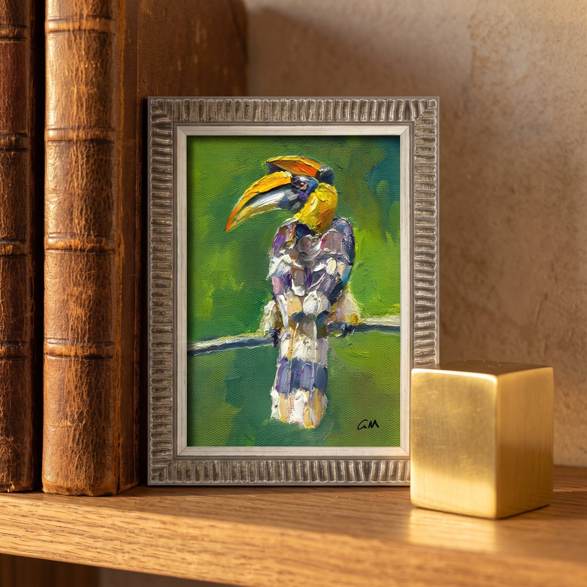 Study, Rustic Farmhouse — Expressionist toucan painting adds vibrant color and texture to a warm, book-lined space
