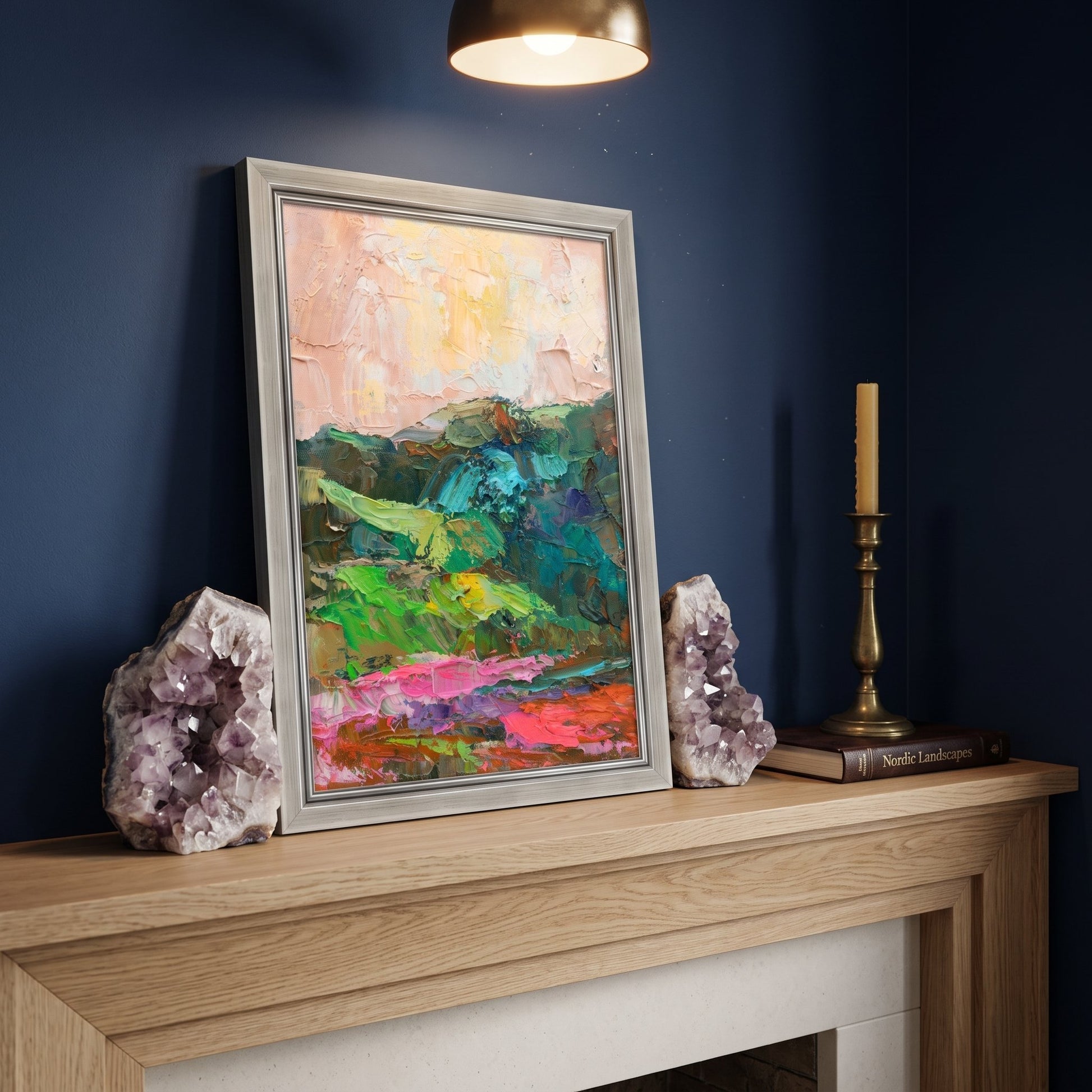 Contemporary living room — Vibrant abstract landscape painting transforms dark walls into a dynamic, emotionally rich focal point