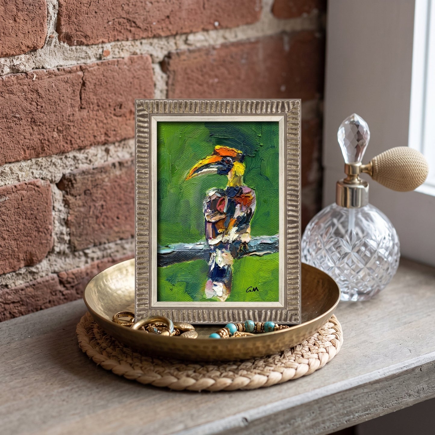 Rustic Farmhouse Entryway — Vibrant expressionist bird painting adds color and character to a warm, textured space