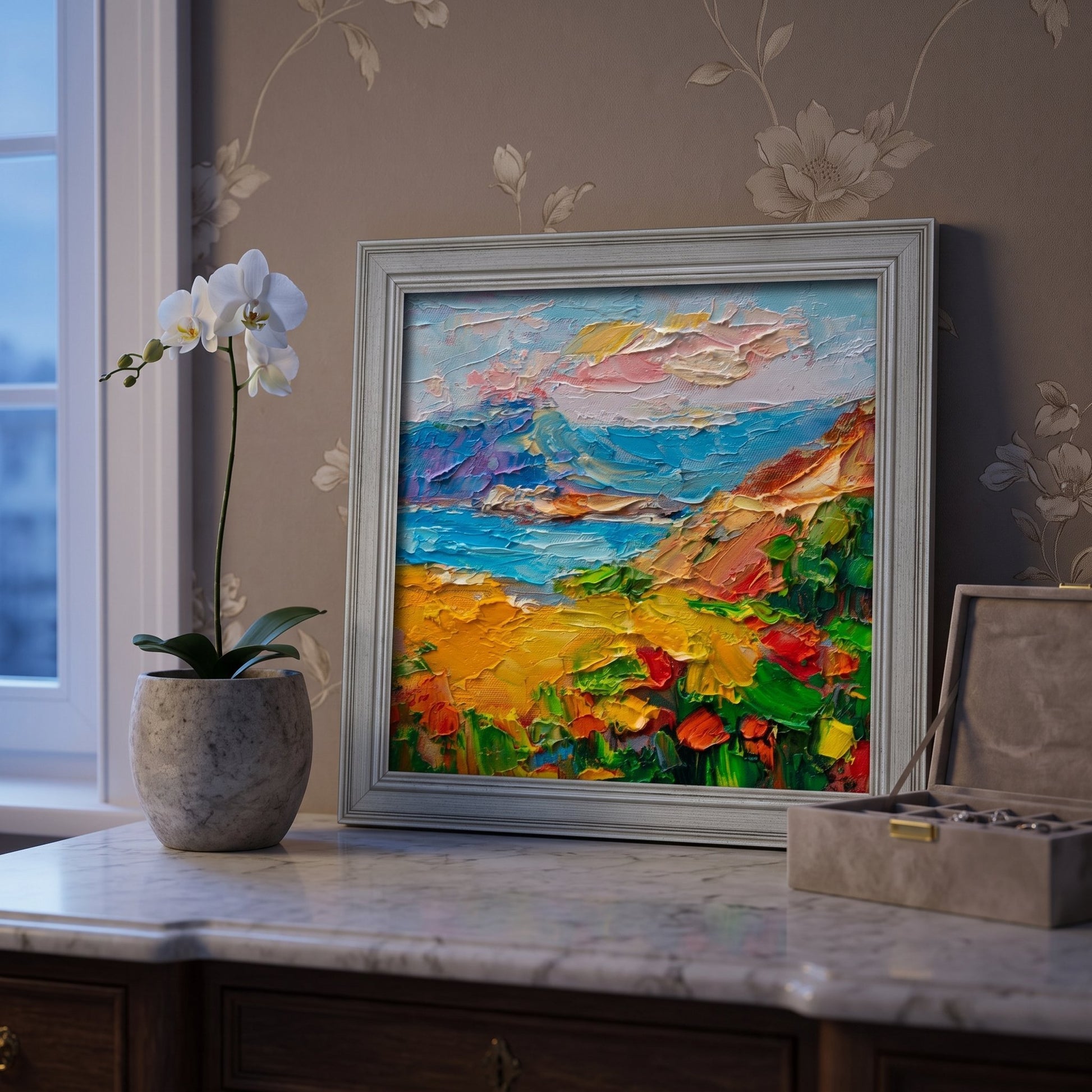 Bedroom, elegant traditional — vibrant Impressionist landscape painting adds color and life to serene space