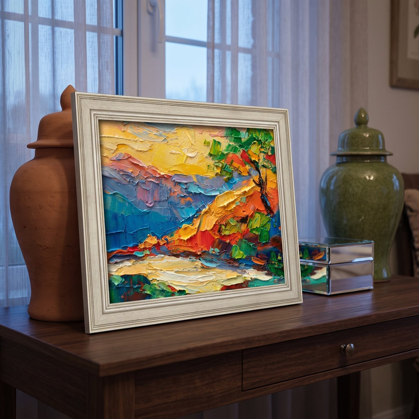 Contemporary living room — vibrant Expressionist landscape painting adds bold color and texture to a calm, modern space