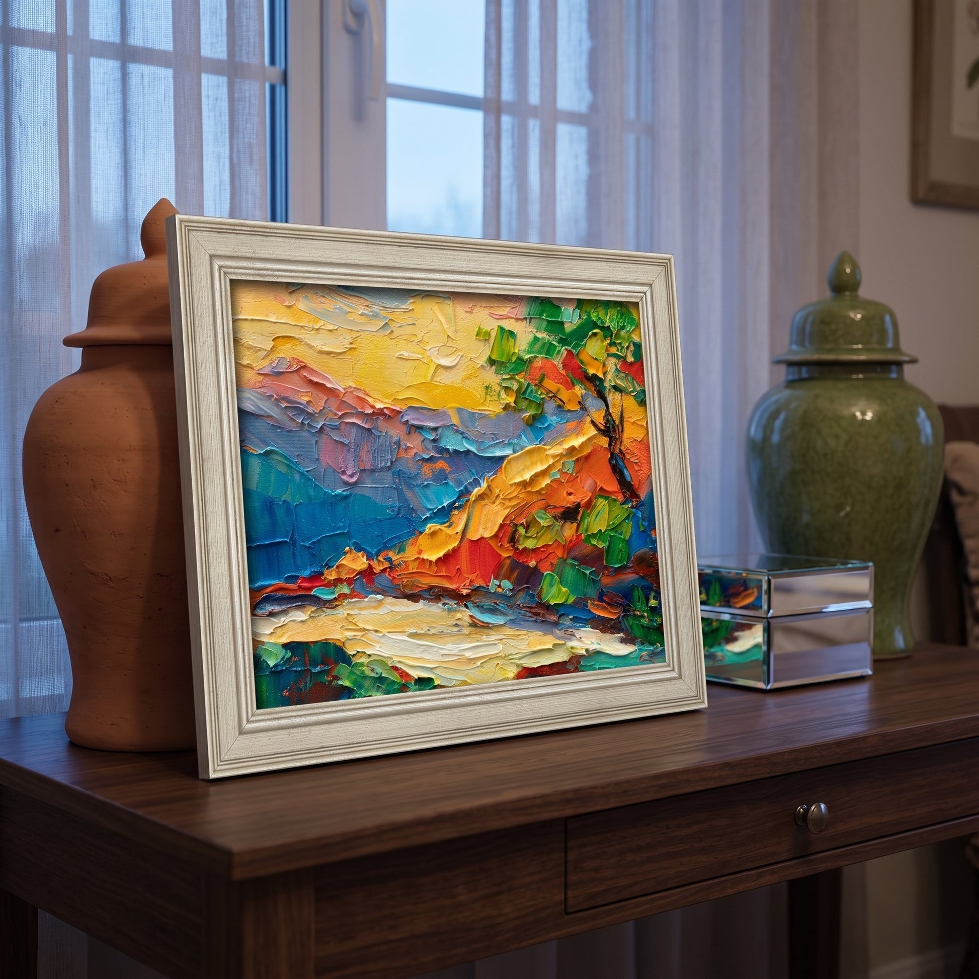 Contemporary living room — vibrant Expressionist landscape painting adds bold color and texture to a calm, modern space