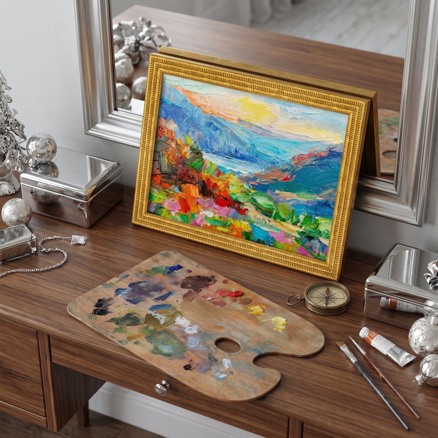 Art studio study — vibrant expressionist landscape elevates creative workspace with bold color and texture