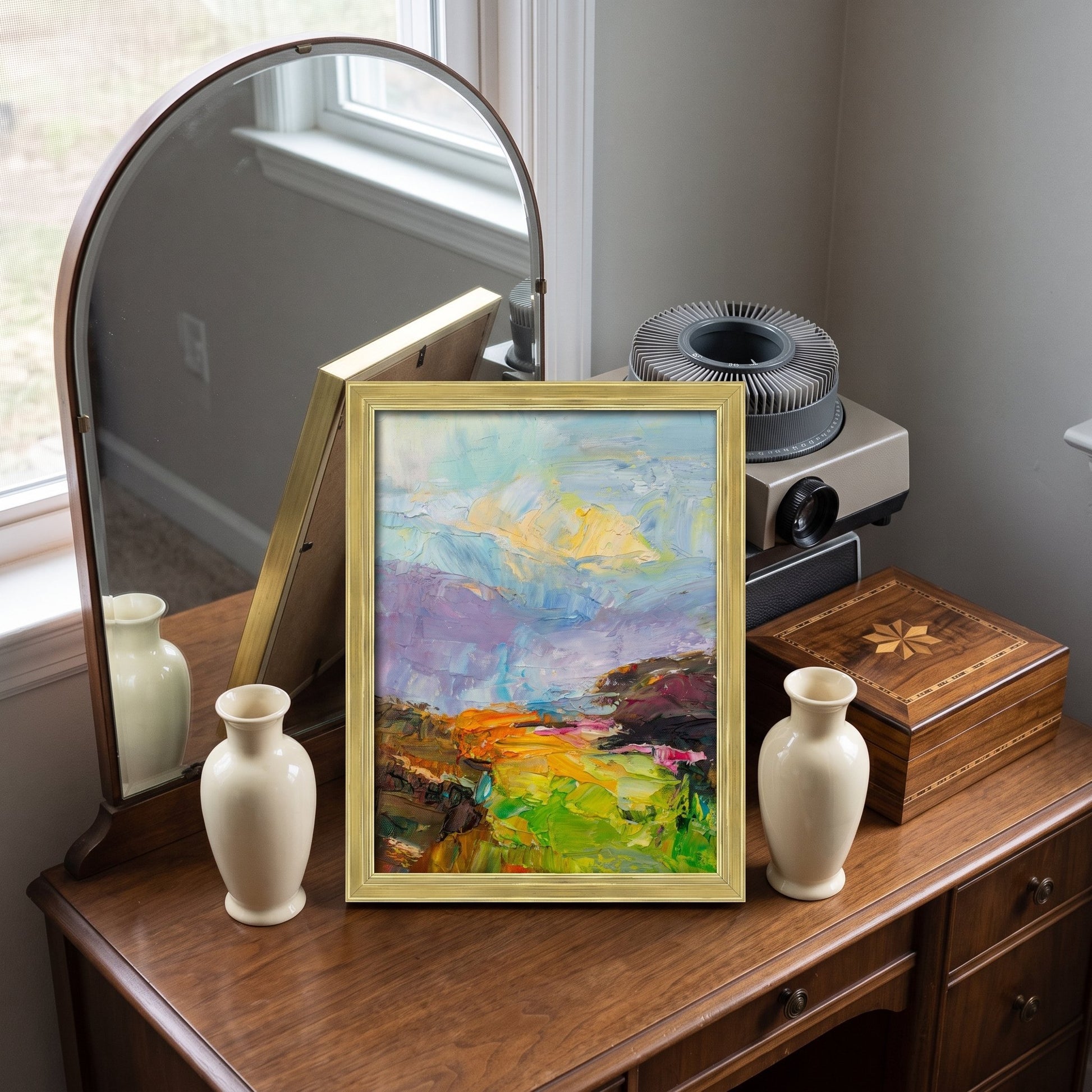 Vintage bedroom — expressive landscape painting adds vibrant color and emotional depth to warm wooden decor