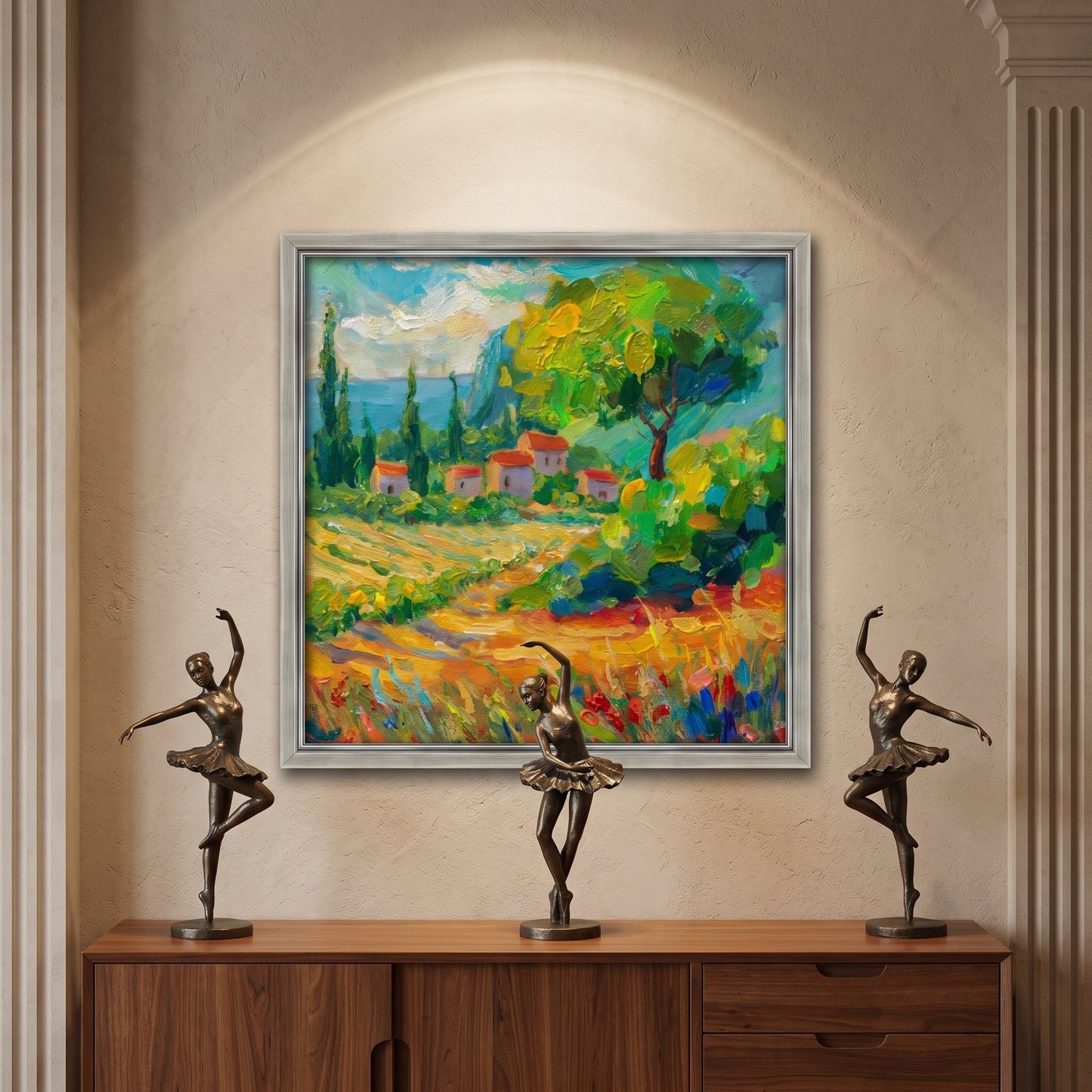 Contemporary living room — vibrant Impressionist landscape elevates neutral space with color and texture