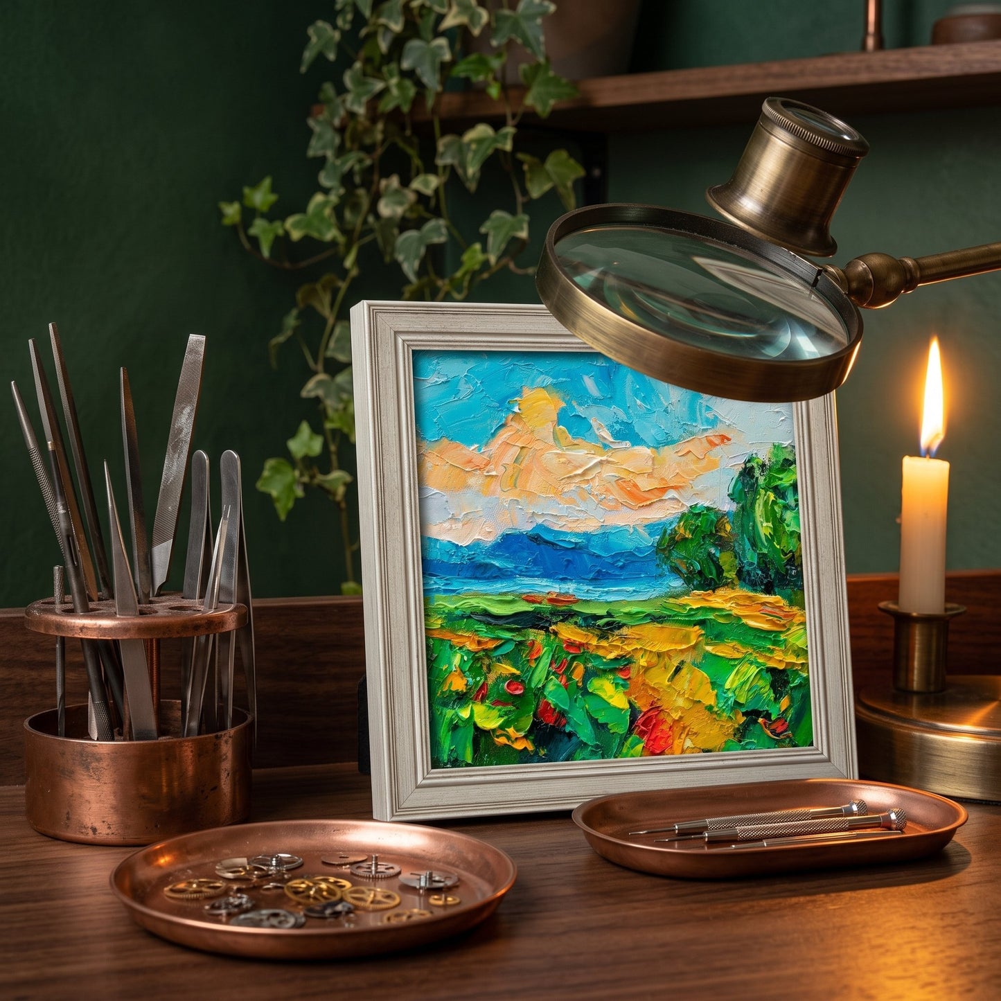 Vintage study — Impressionist landscape painting adds vibrant color and texture to a refined workspace