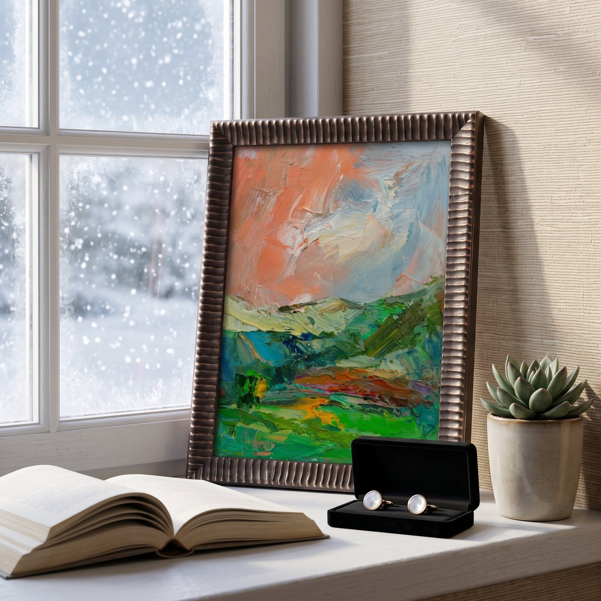 Contemporary bedroom — expressive landscape painting adds warmth and vibrancy to a minimalist space