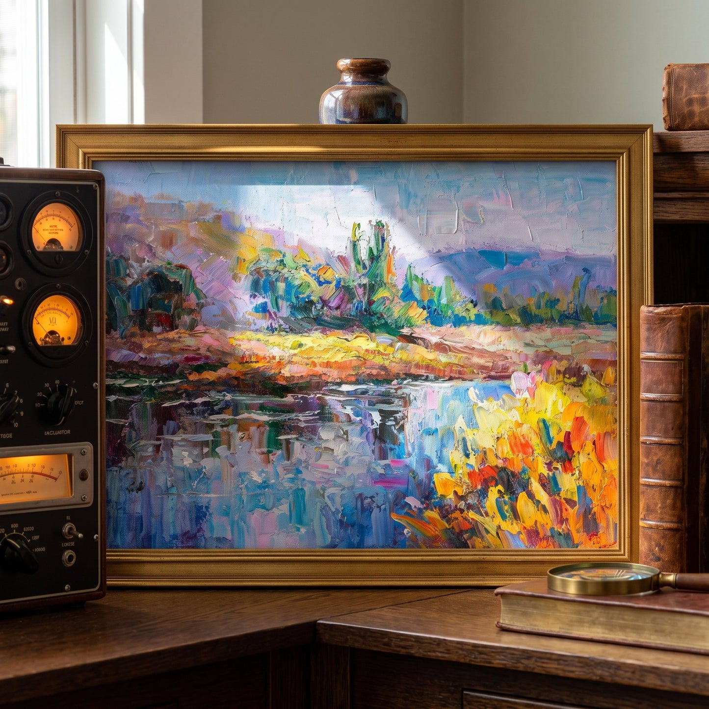 Vintage study — vibrant Impressionist landscape painting adds color and life to classic wooden decor