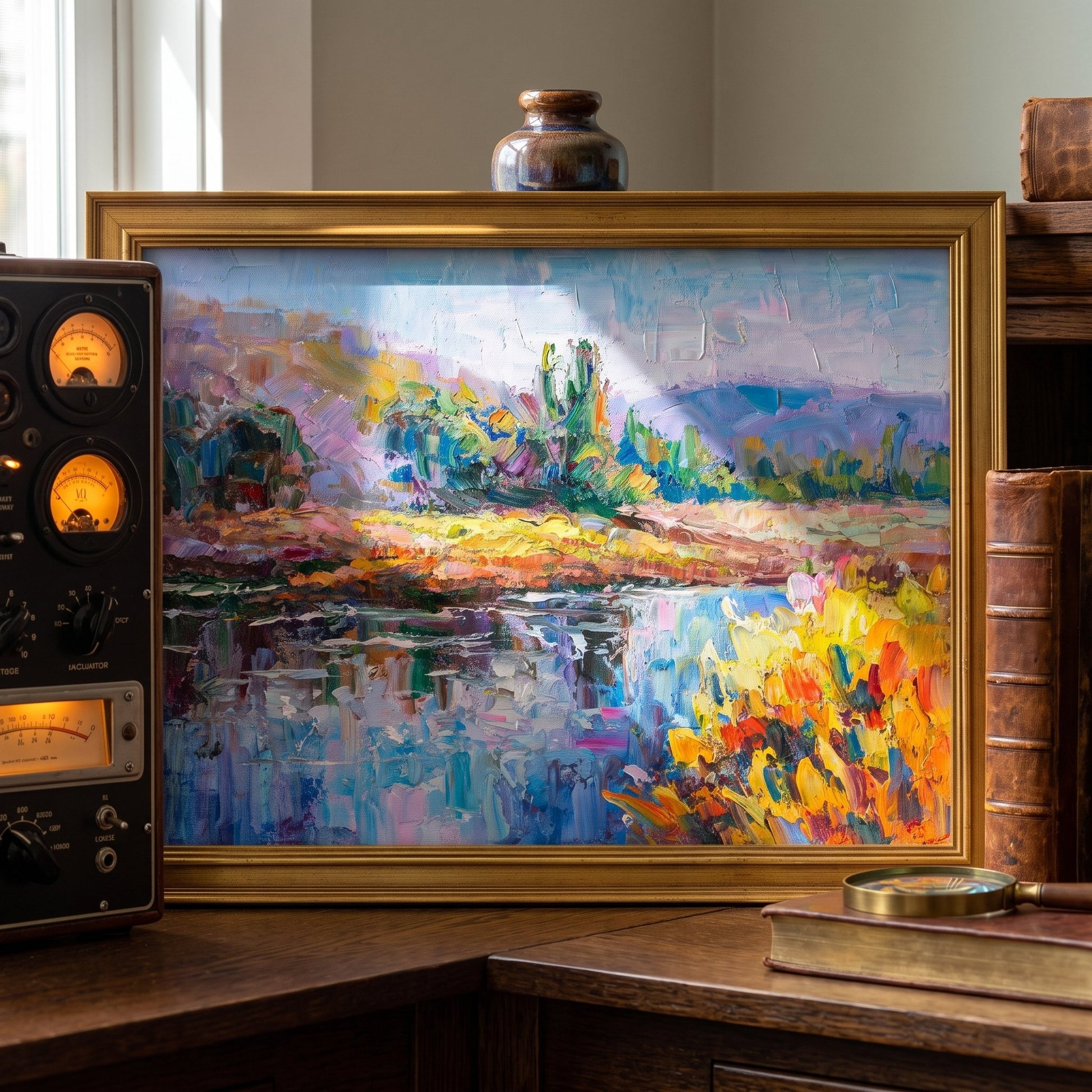 Vintage study — vibrant Impressionist landscape painting adds color and life to classic wooden decor