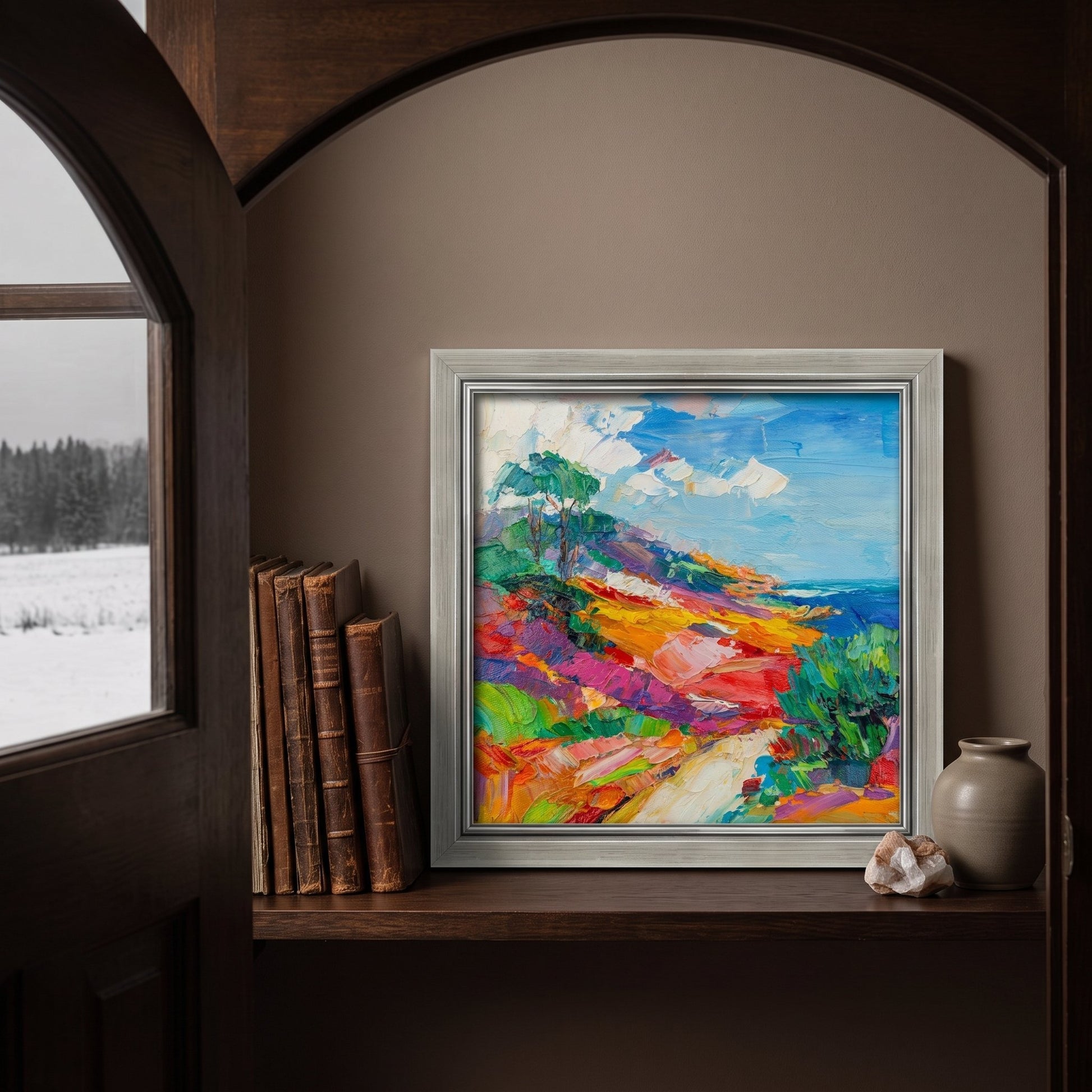 Rustic Farmhouse Reading Nook — Vibrant Impressionist Landscape Art Transforms Cozy Space with Colorful Energy