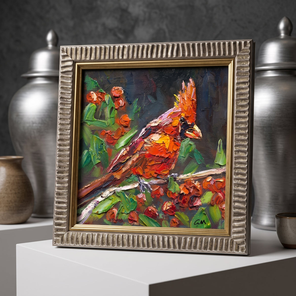 Contemporary entryway — Vibrant expressionist cardinal painting adds color and life to minimalist decor
