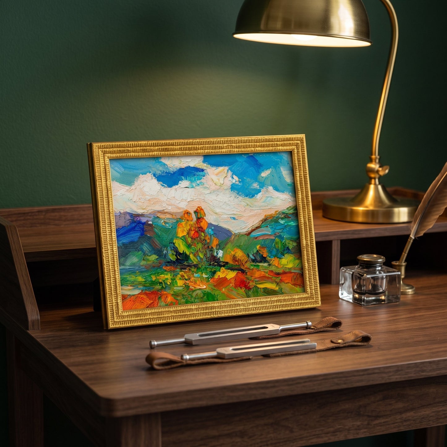 Study, Classic Decor — Vibrant Impressionist landscape adds artistic energy and color contrast to a refined workspace