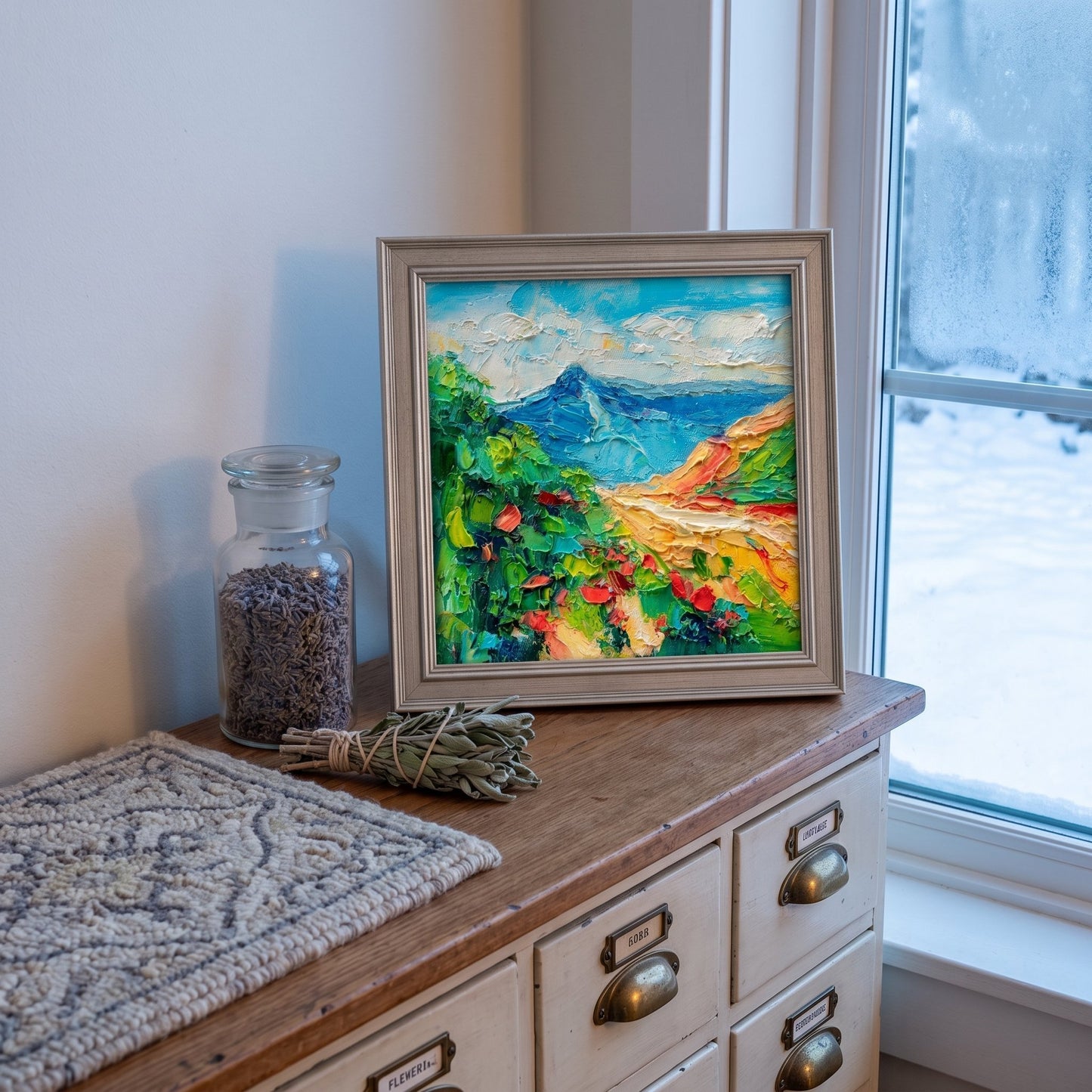 Rustic farmhouse kitchen — vibrant Impressionist landscape painting adds color and warmth to a serene, nature-inspired space