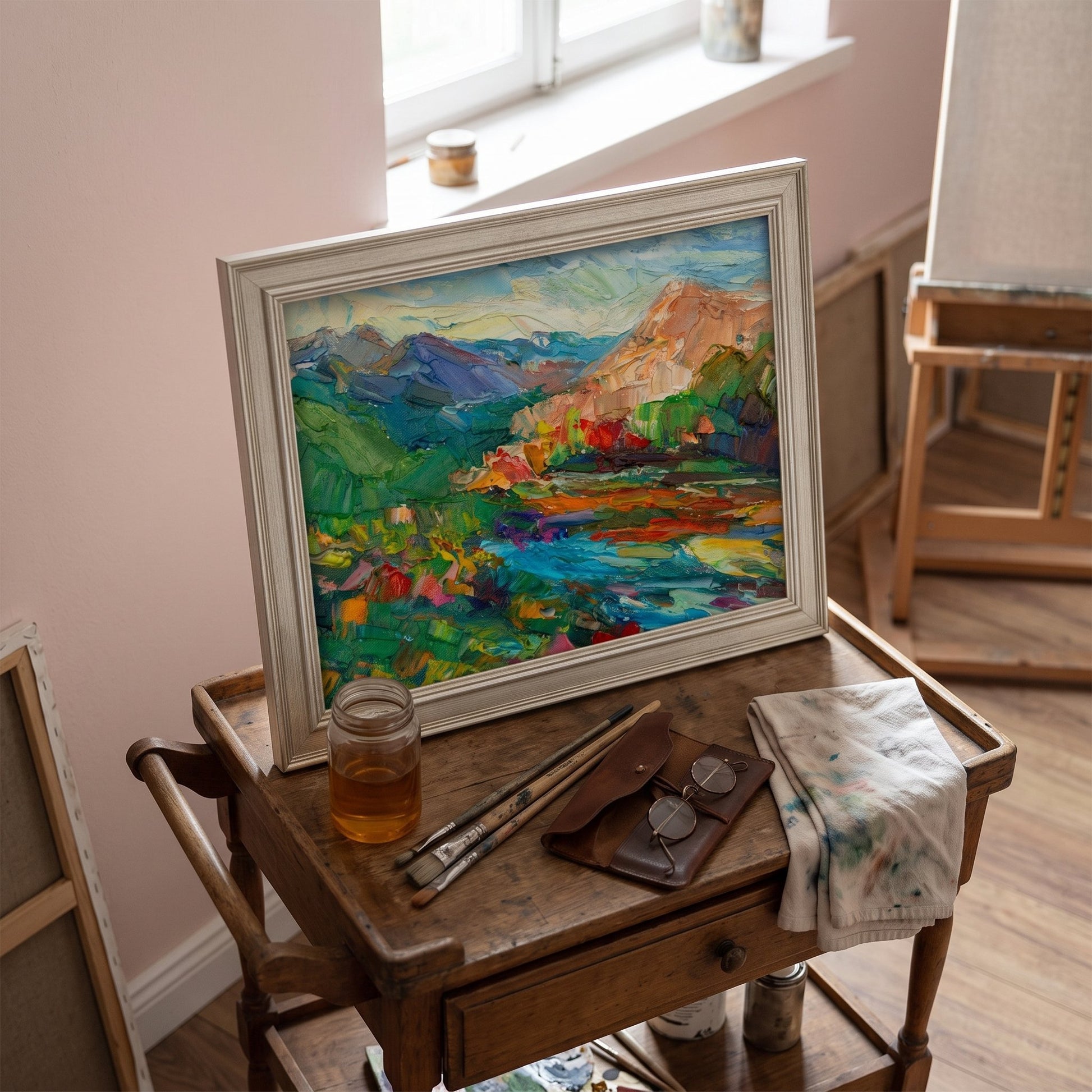Artist's Studio, Rustic Charm — Vibrant Impressionist Landscape Elevates Creative Space with Color and Texture