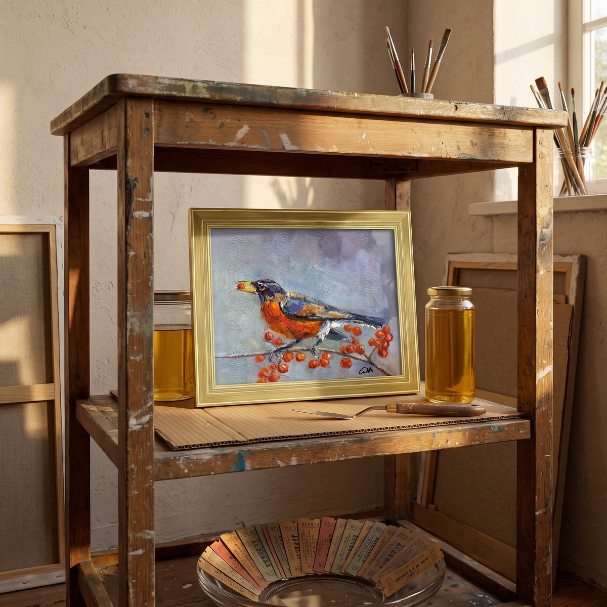 Rustic artist's studio — original Impressionist bird painting adds vibrant color and life to a creative workspace