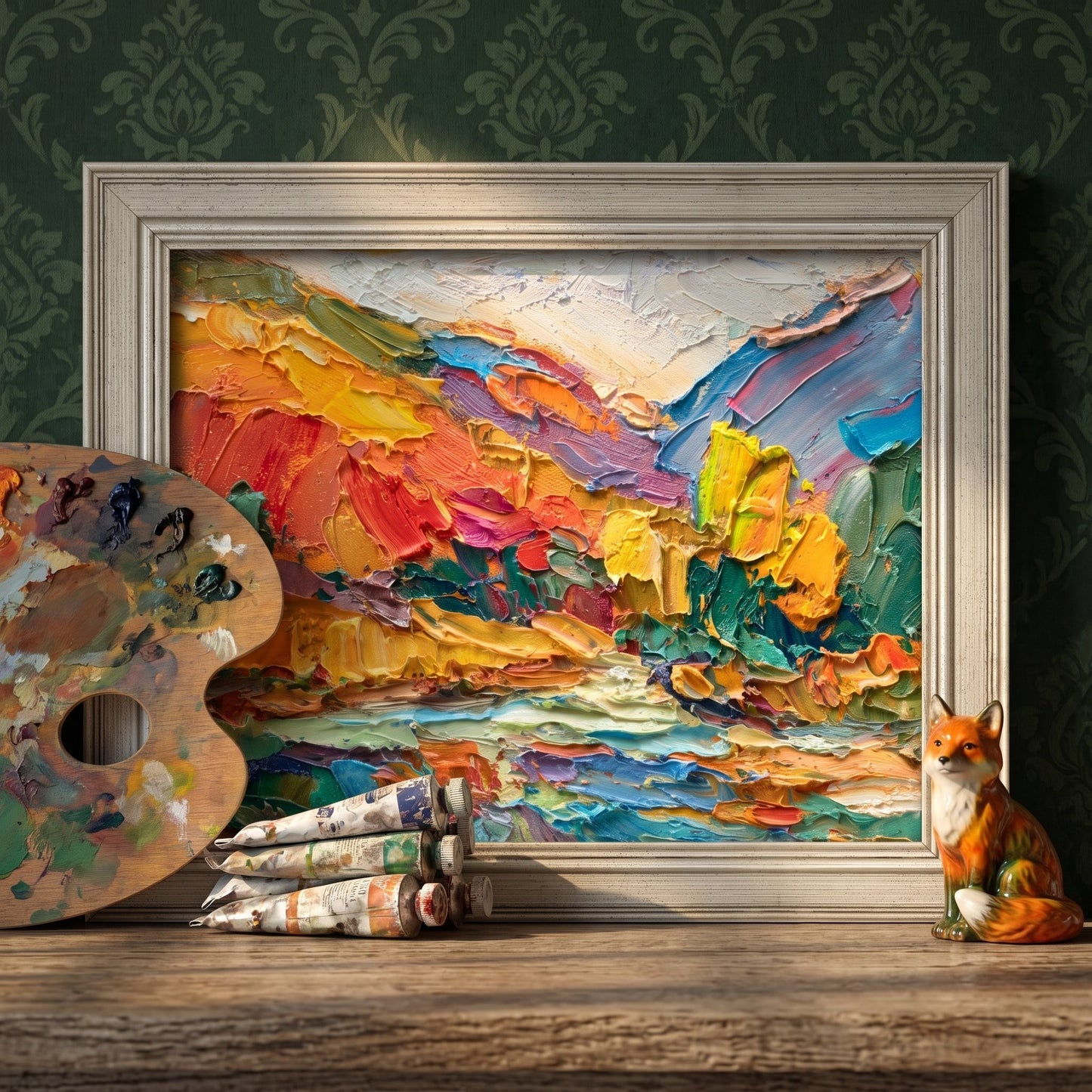 Artist's studio, eclectic decor — vibrant expressionist landscape painting energizes the space with bold color and textured brushwork