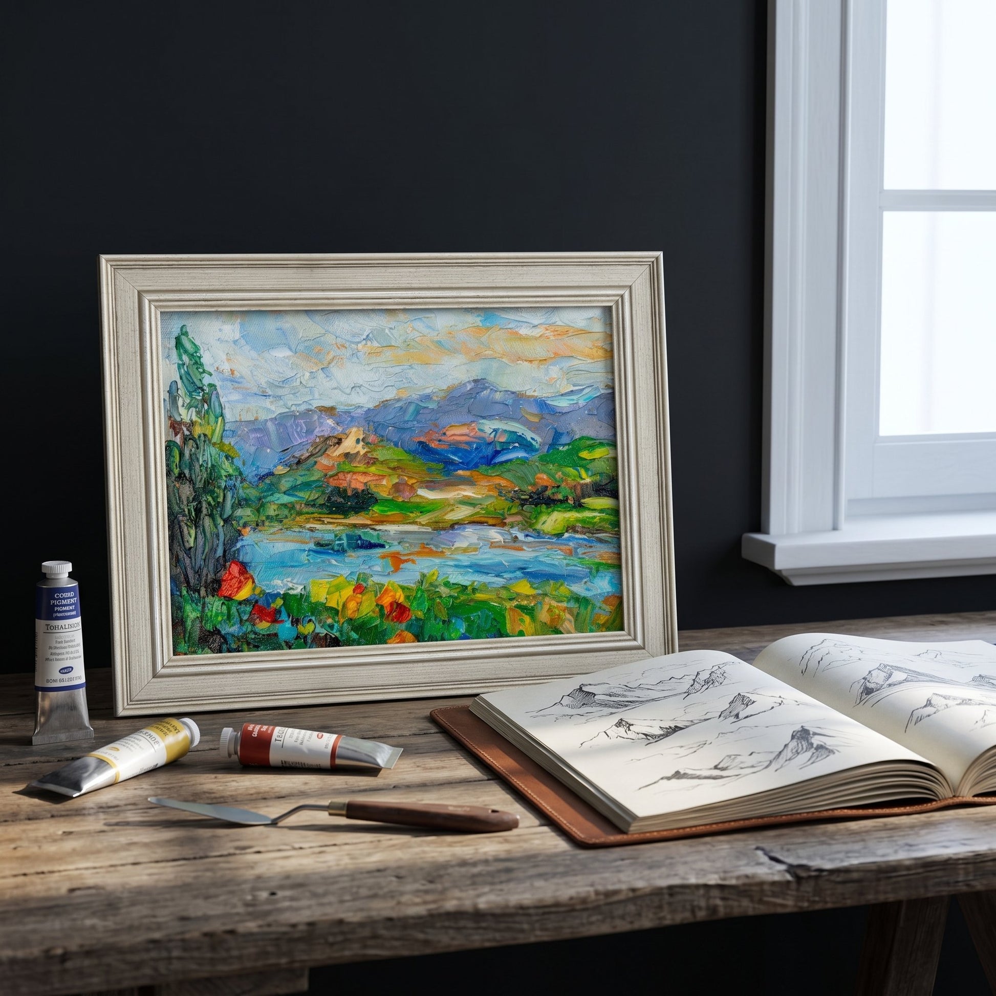 RusticFarmhouseStudy — Original Impressionist landscape elevates creative space with vibrant colors and textured brushwork