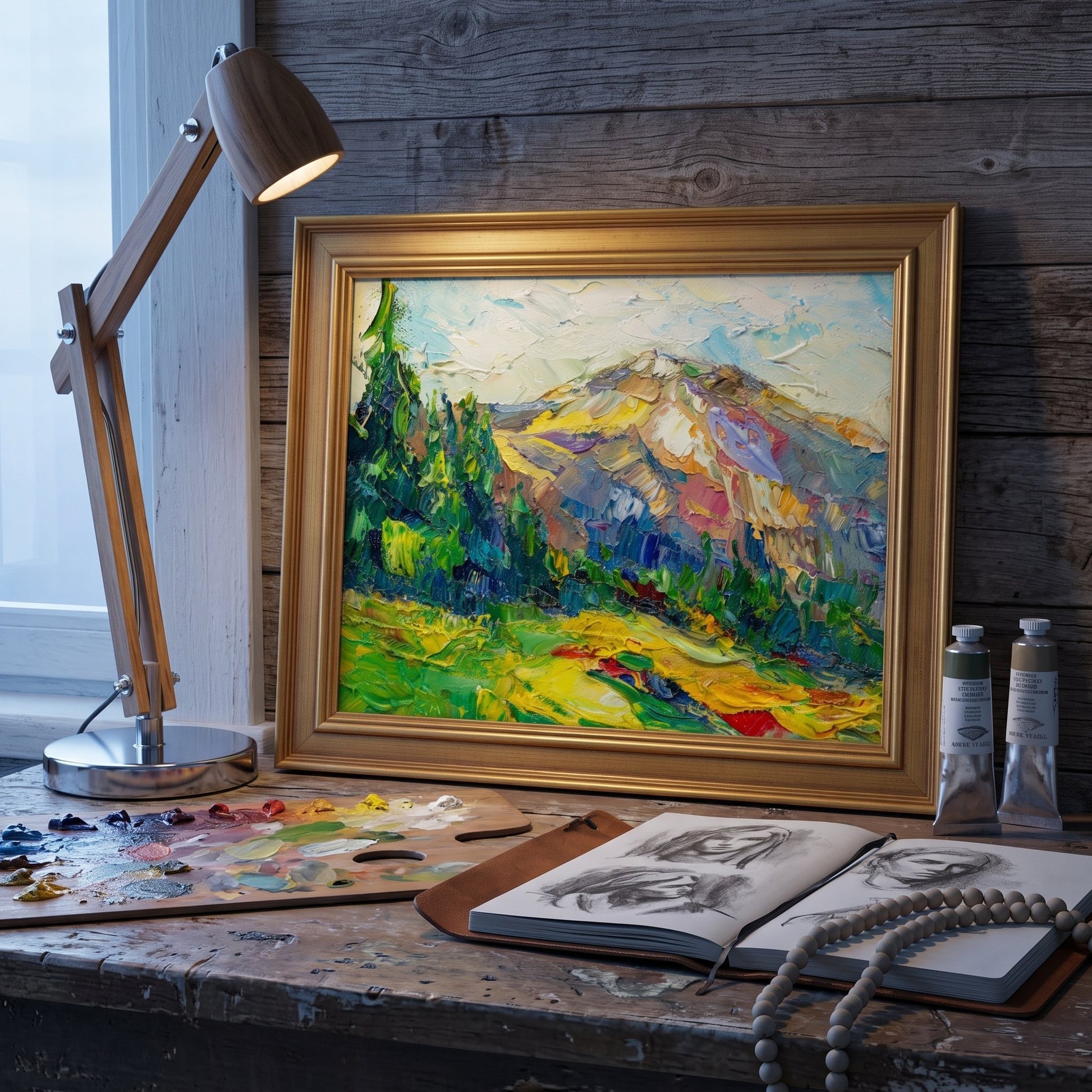 RusticFarmhouseStudio — VibrantImpressionistLandscapeElevatesCreativeWorkspaceWithColorAndTexture