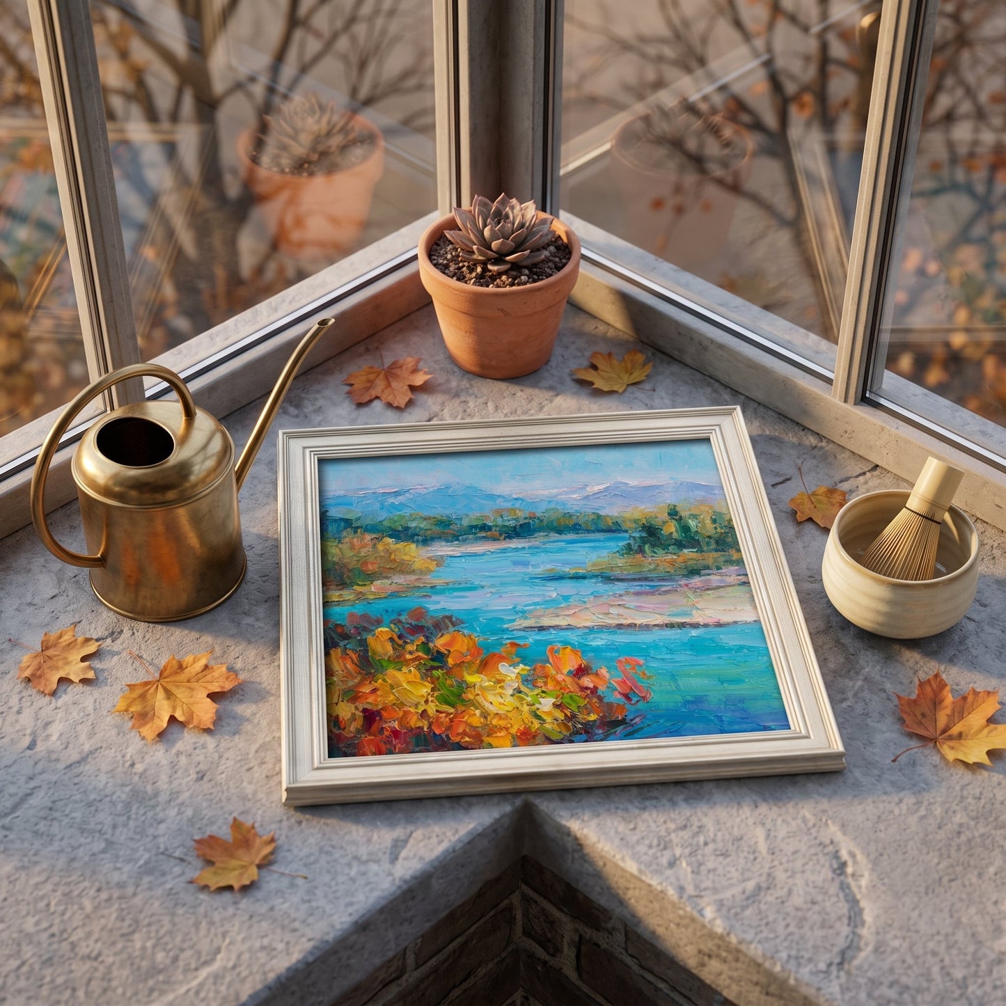 RusticFarmhouseLivingRoom — Impressionist landscape painting brings vibrant autumn colors and natural serenity to a sunlit stone window ledge