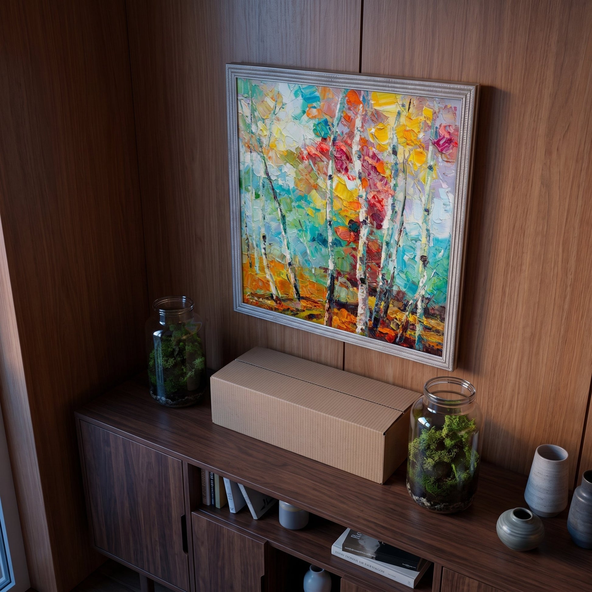 Mid-century modern study — vibrant expressionist landscape painting adds color and life to warm wood interior