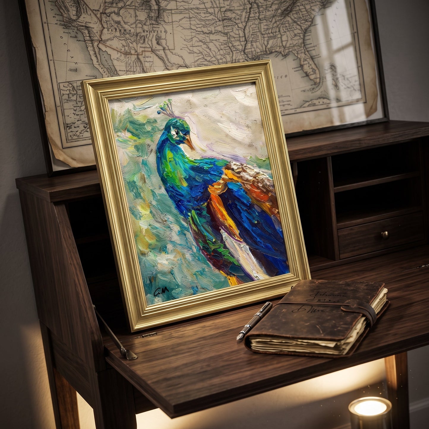 Study, rustic farmhouse — vibrant peacock painting adds color and elegance to scholarly space