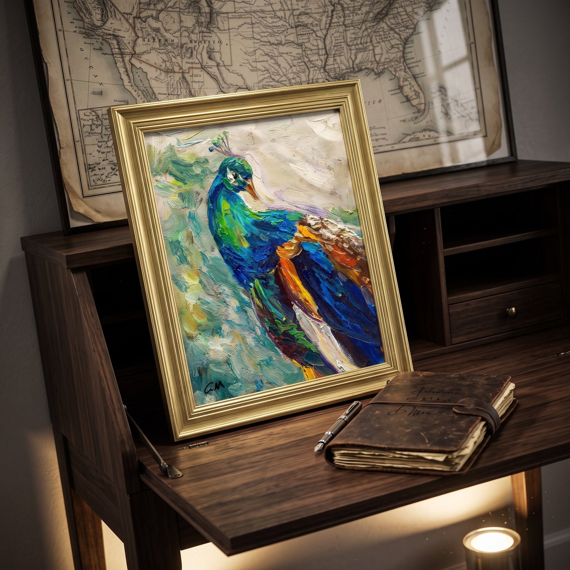 Study, rustic farmhouse — vibrant peacock painting adds color and elegance to scholarly space