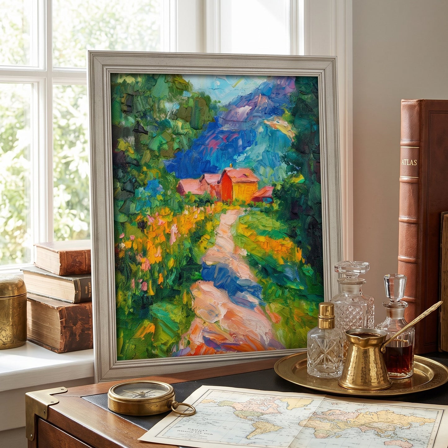 Vintage study — vibrant Post-Impressionist landscape adds color and adventure to a classic reading nook