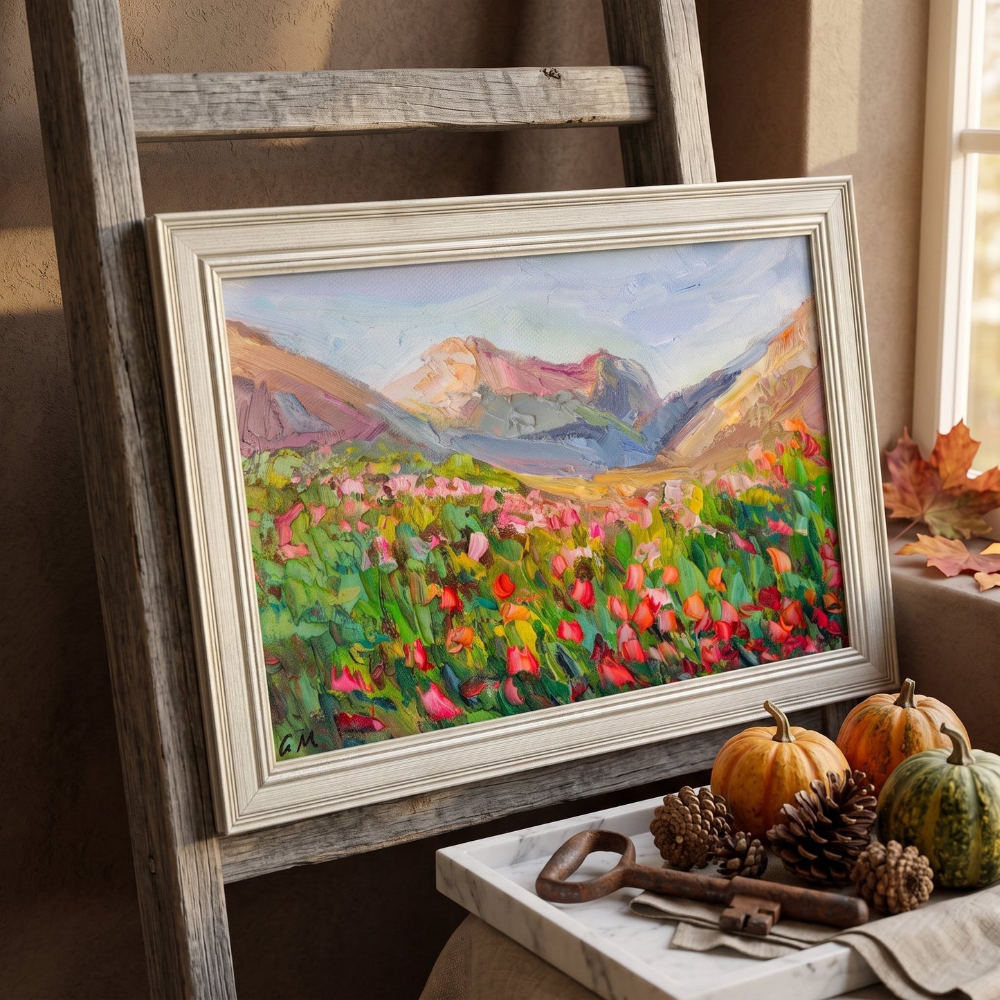 Rustic Farmhouse Living Room — Vibrant Impressionist Landscape Painting Adds Color and Nature-Inspired Warmth