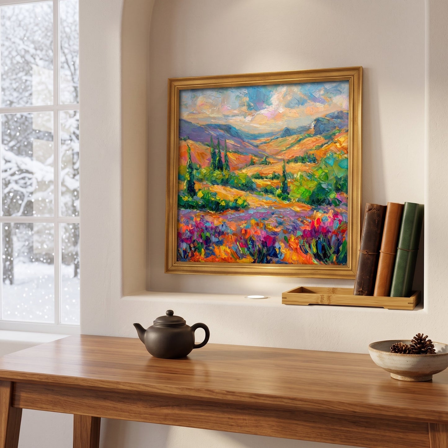 Minimalist living room — vibrant Impressionist landscape transforms neutral space with color and serenity
