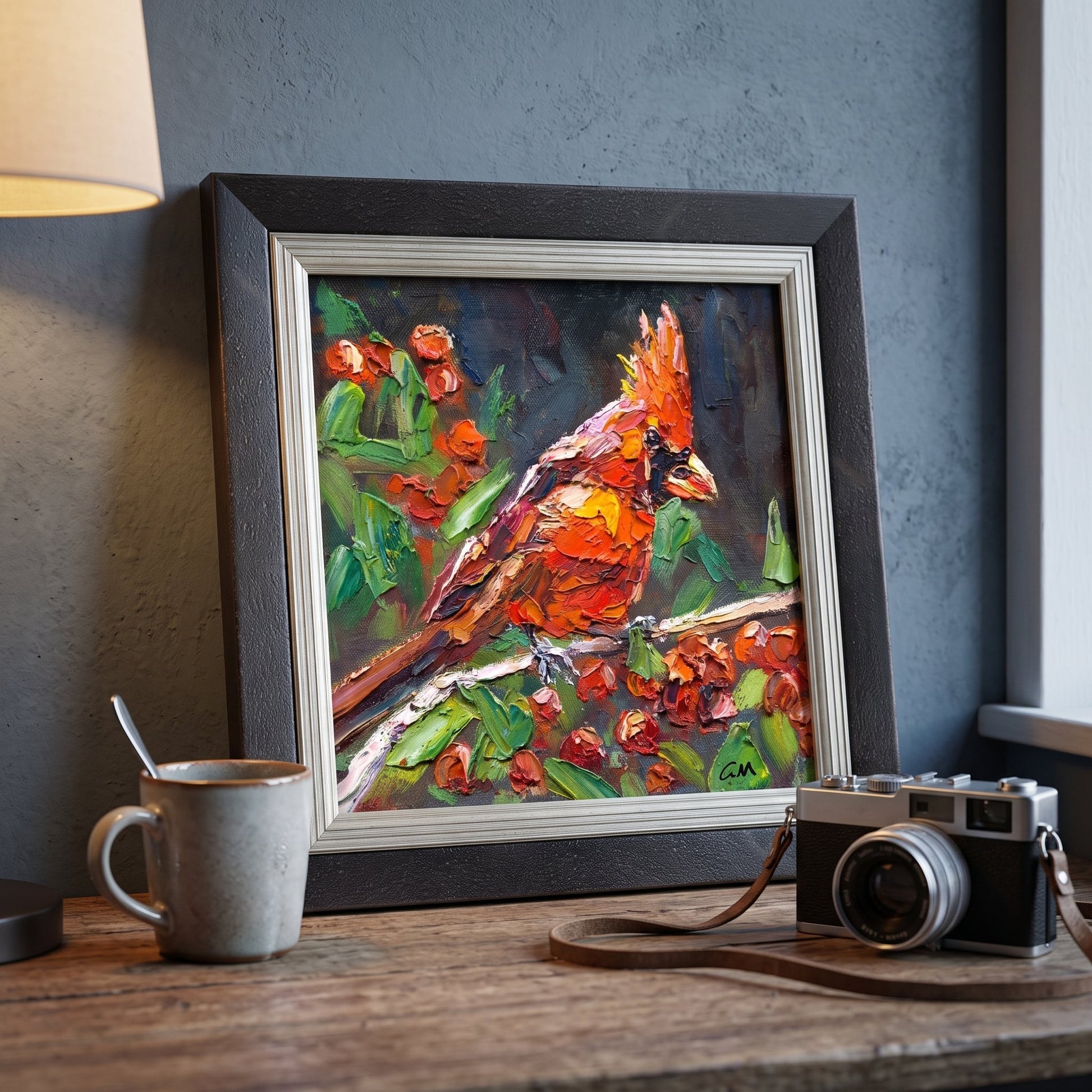 Rustic farmhouse study — Vibrant expressionist cardinal painting adds warmth and artistic energy to the space
