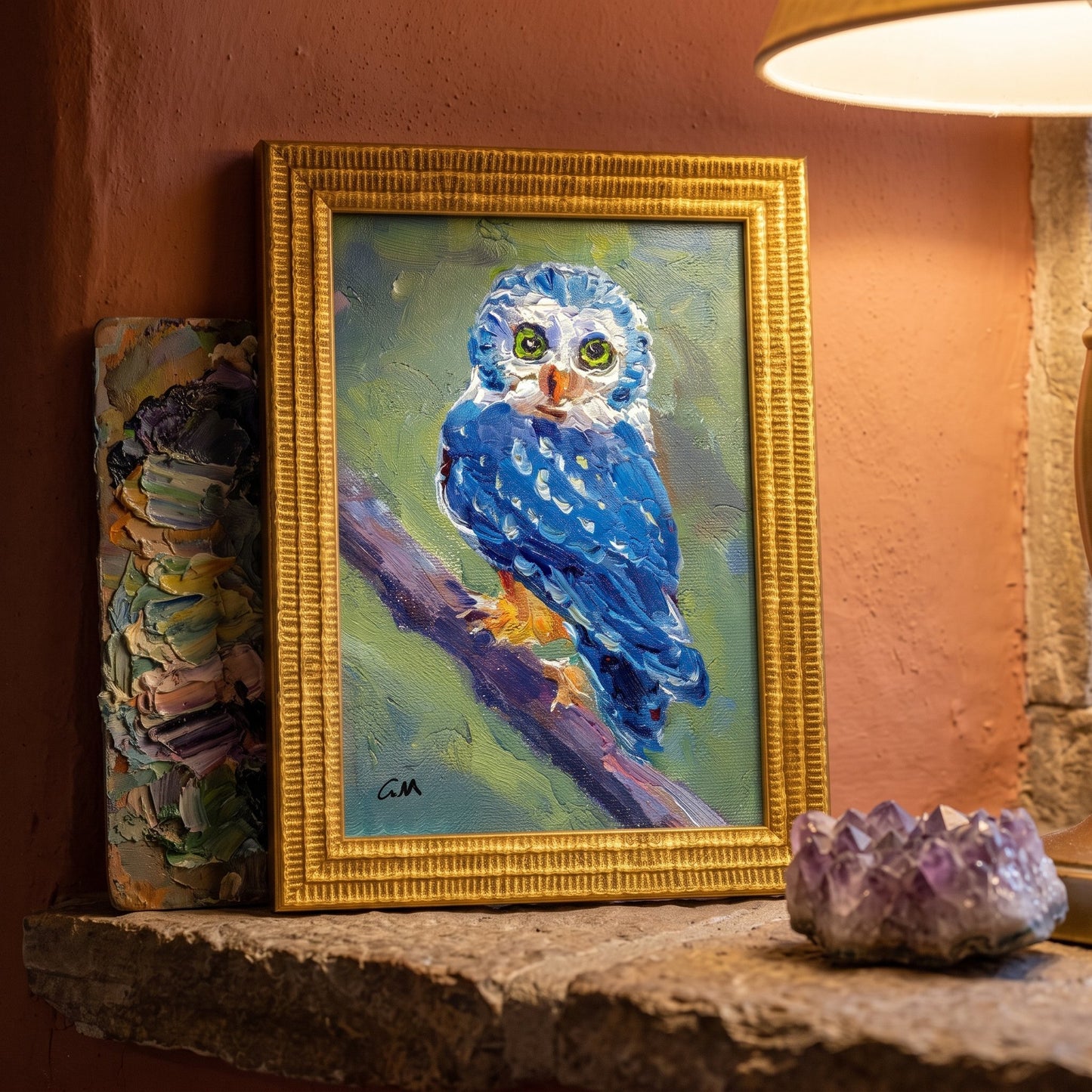 Rustic farmhouse entryway — expressive blue owl painting adds vibrant charm and artistic warmth to the space