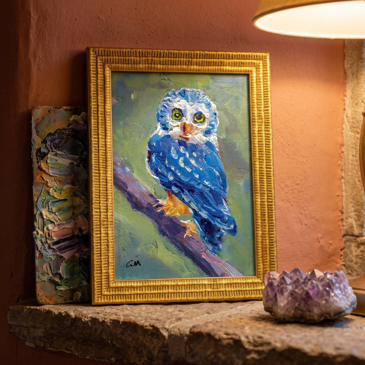 Rustic farmhouse entryway — expressive blue owl painting adds vibrant charm and artistic warmth to the space