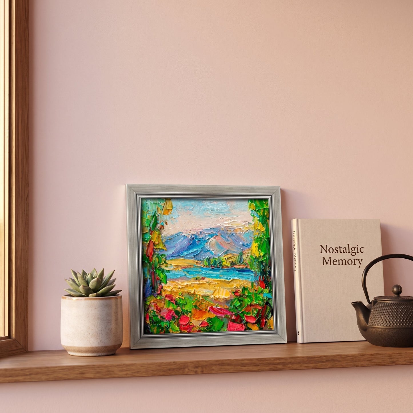 Minimalist bedroom — Vibrant Impressionist landscape adds color and emotion to a serene space