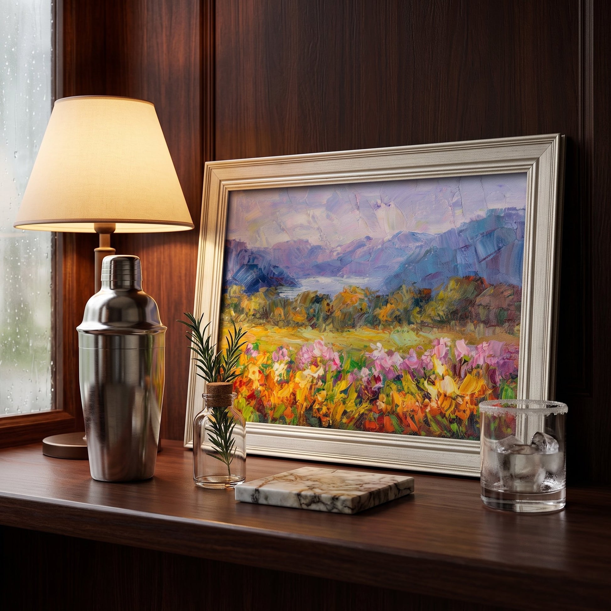 Mid-century modern living room — vibrant Impressionist floral landscape adds warmth and color contrast to rich wood interior