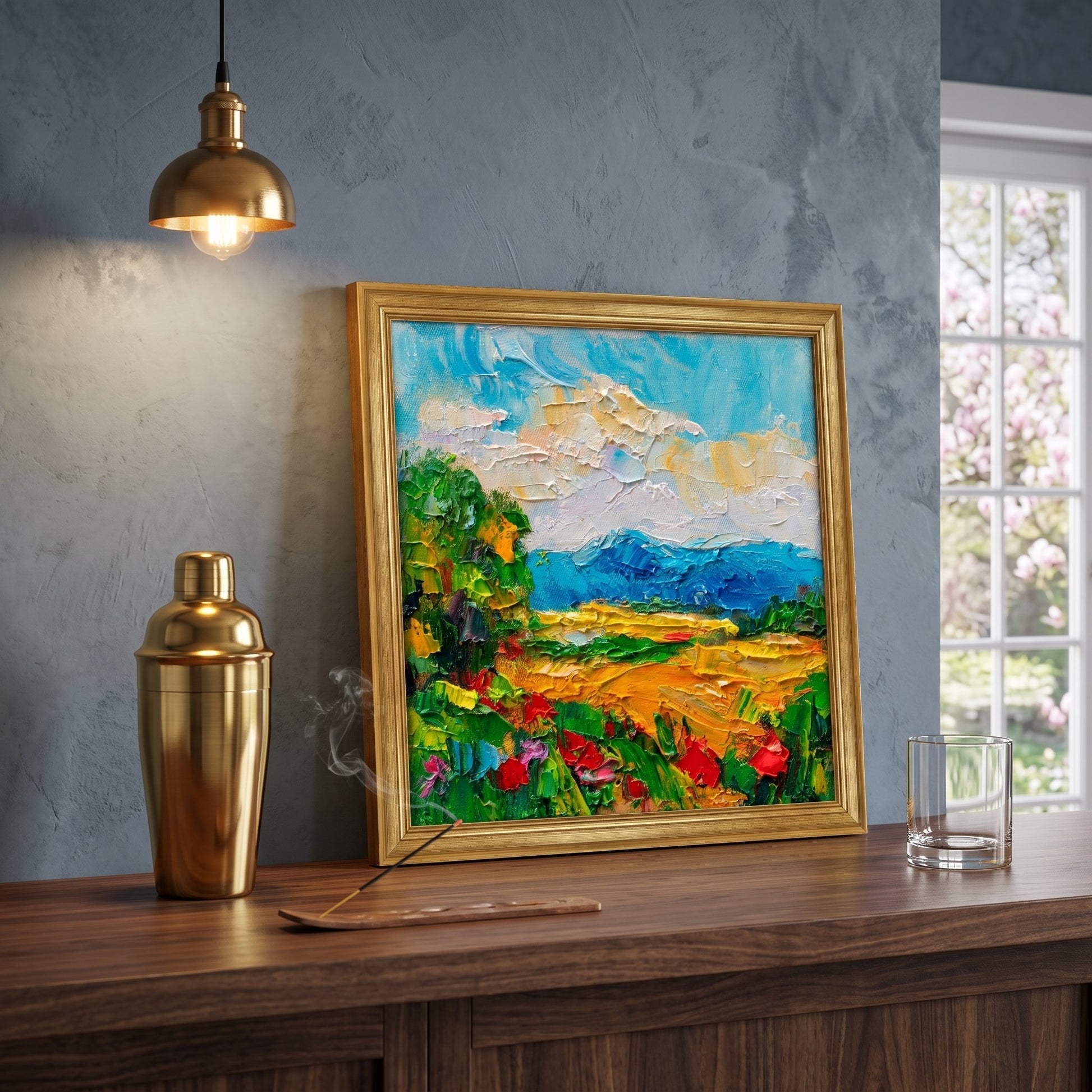 Contemporary entryway — vibrant Impressionist landscape elevates the space with bold color and texture